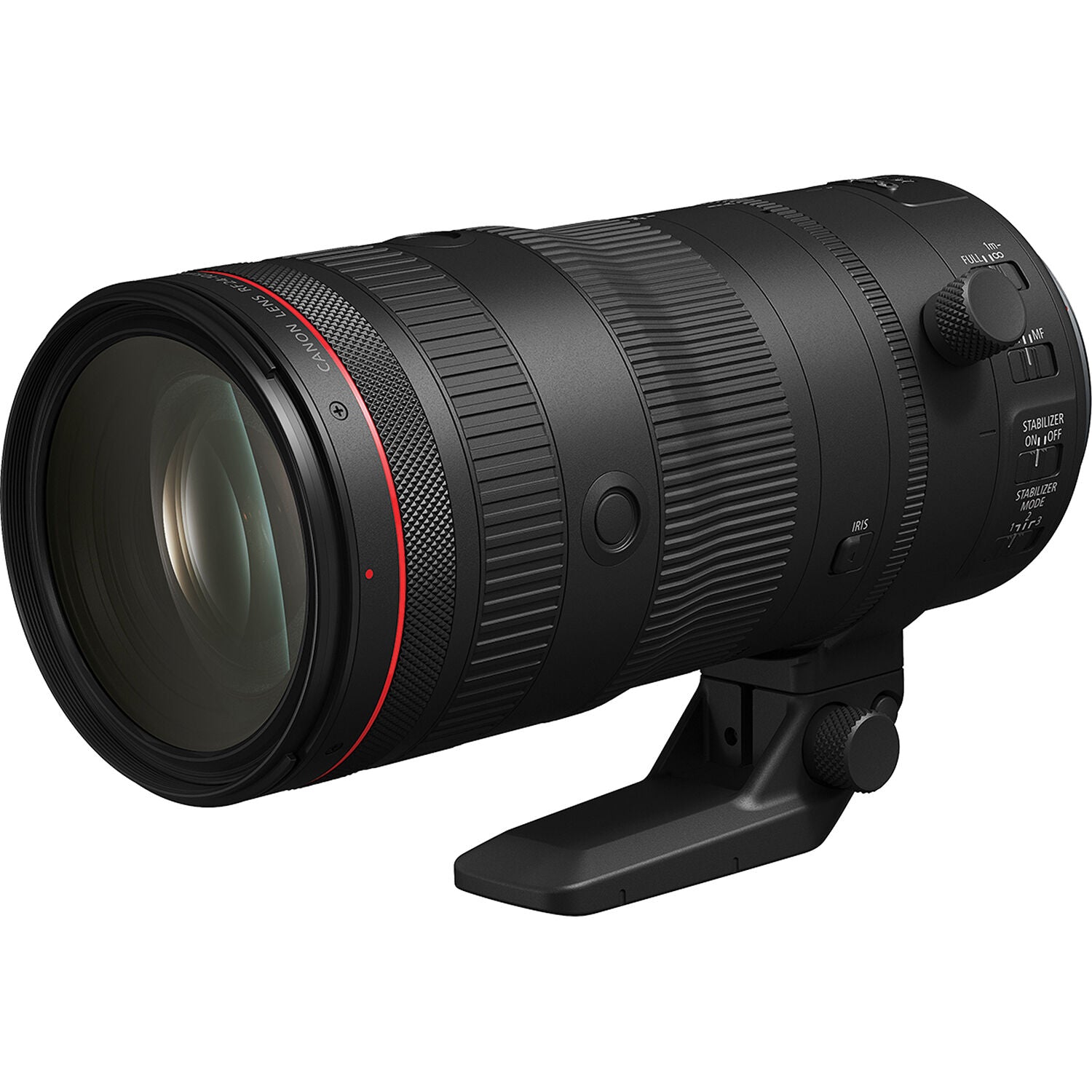 Camera lens with black and red design on a white background