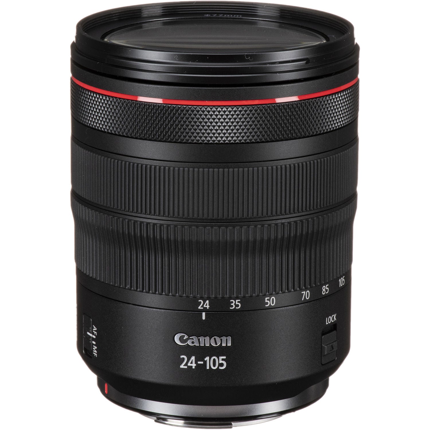 Canon camera lens with focus scale and brand name on a white background