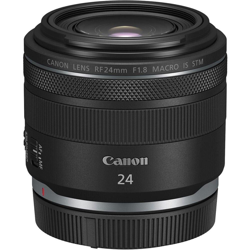Canon RF 24mm f/1.8 Macro IS STM – lightweight wide-angle prime with close focusing, built-in image stabilization, and smooth STM autofocus.