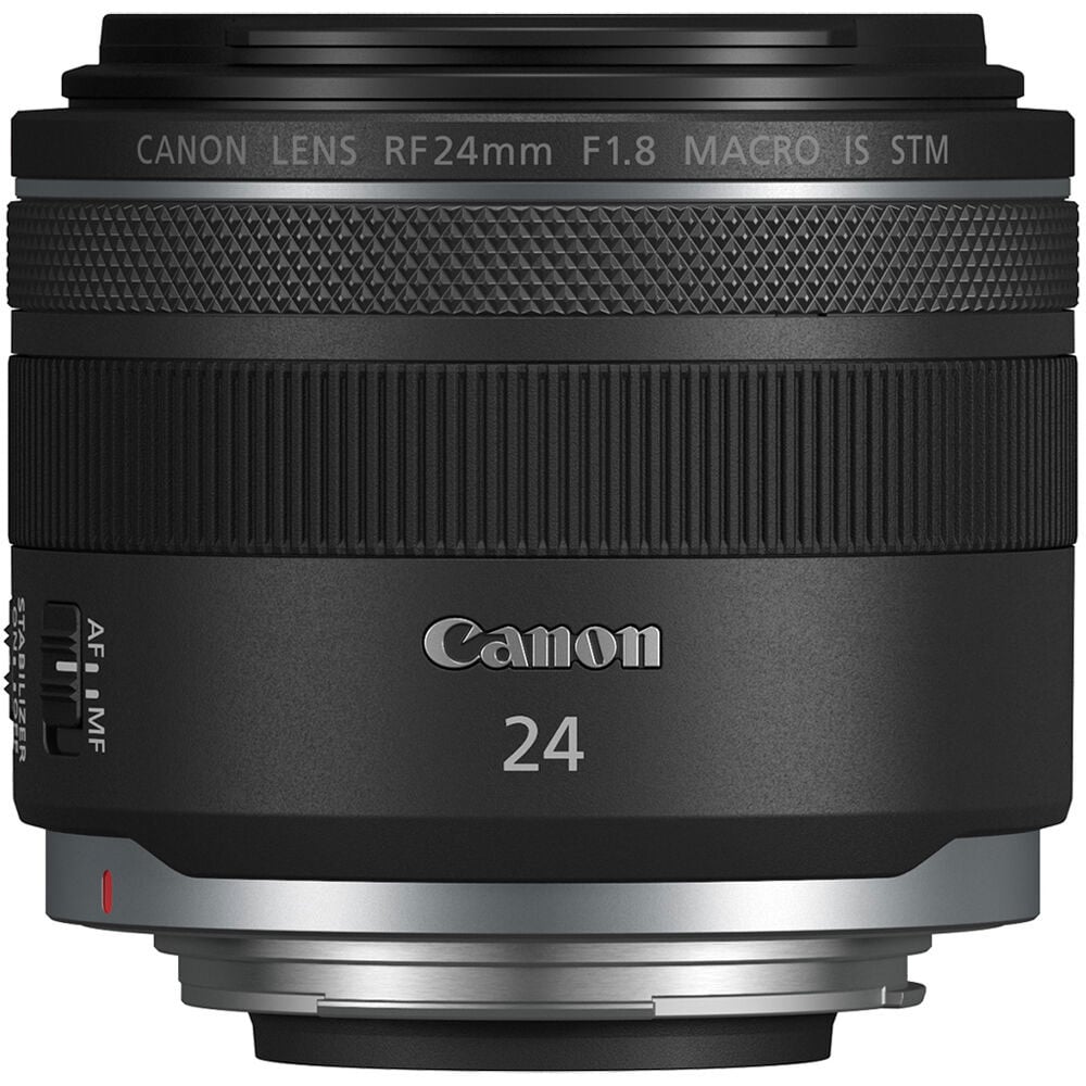 Canon RF 24mm f/1.8 Macro IS STM – lightweight wide-angle prime with close focusing, built-in image stabilization, and smooth STM autofocus.