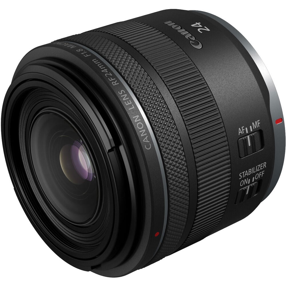 Canon RF 24mm f/1.8 Macro IS STM – lightweight wide-angle prime with close focusing, built-in image stabilization, and smooth STM autofocus.