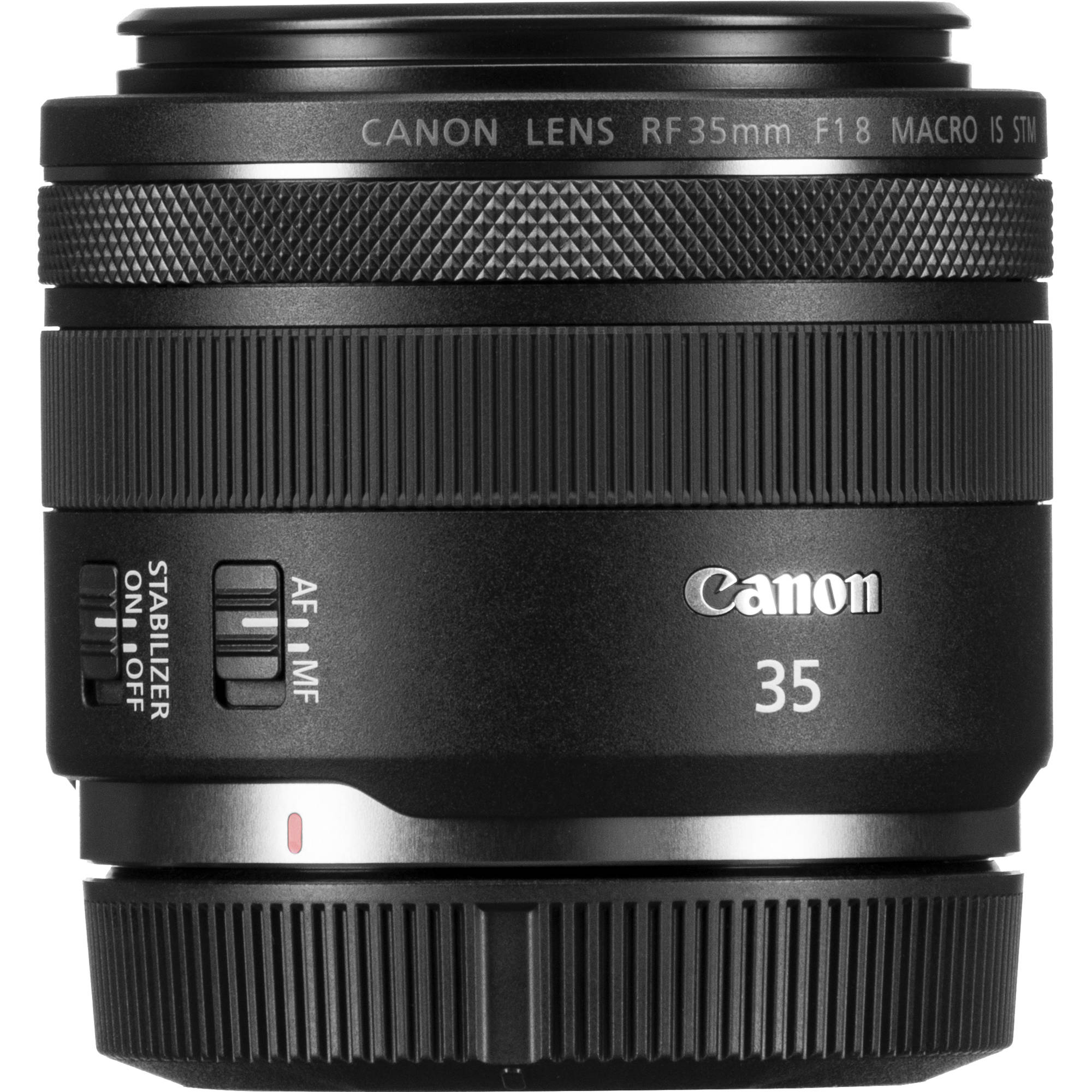 Canon RF 35mm F1.8 Macro IS STM lens on a white background