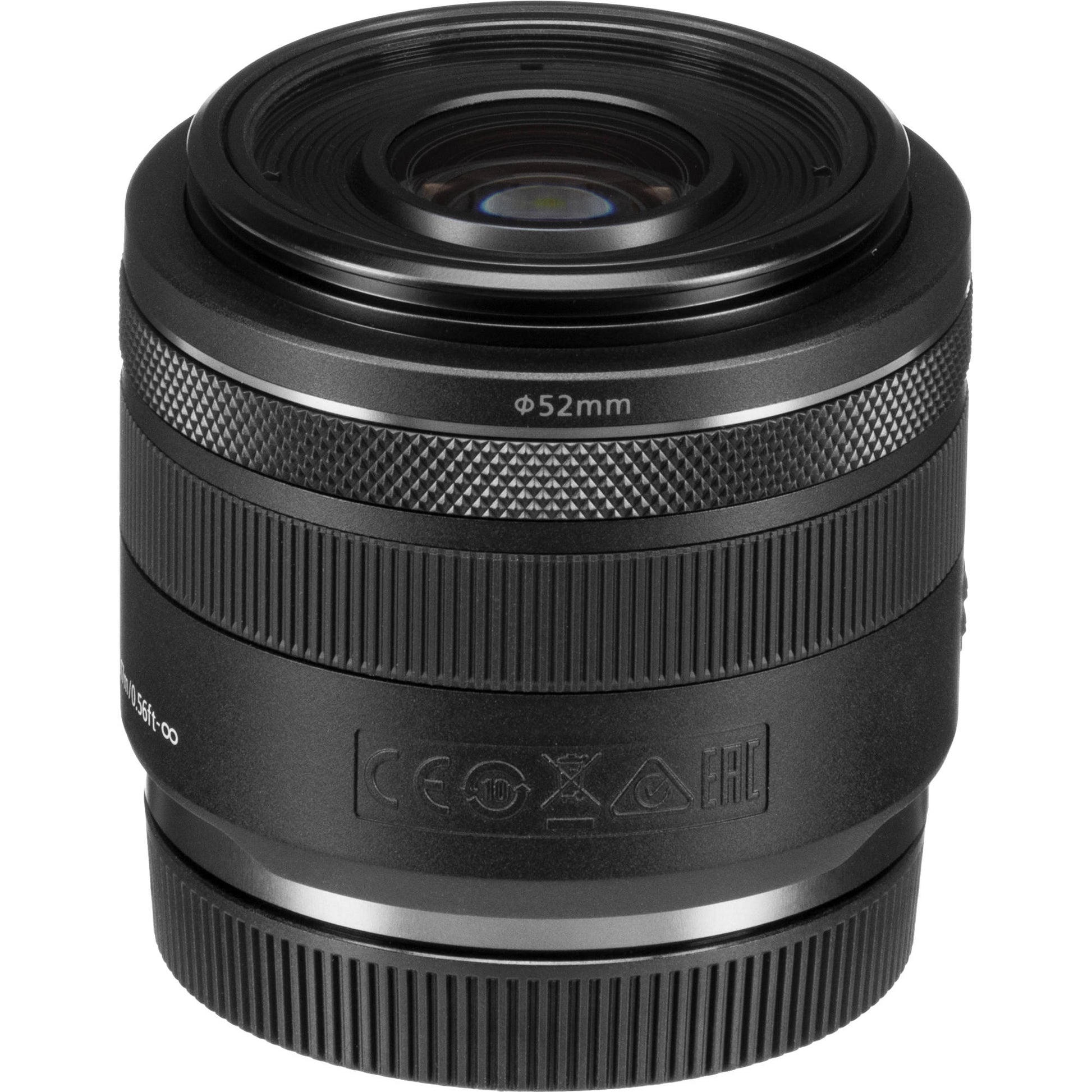 Black camera lens with 52mm filter thread on a white background