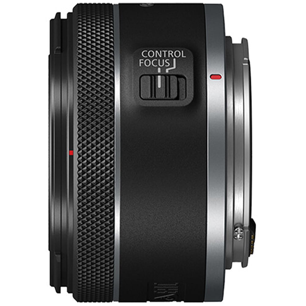 Camera lens with control focus button on a white background