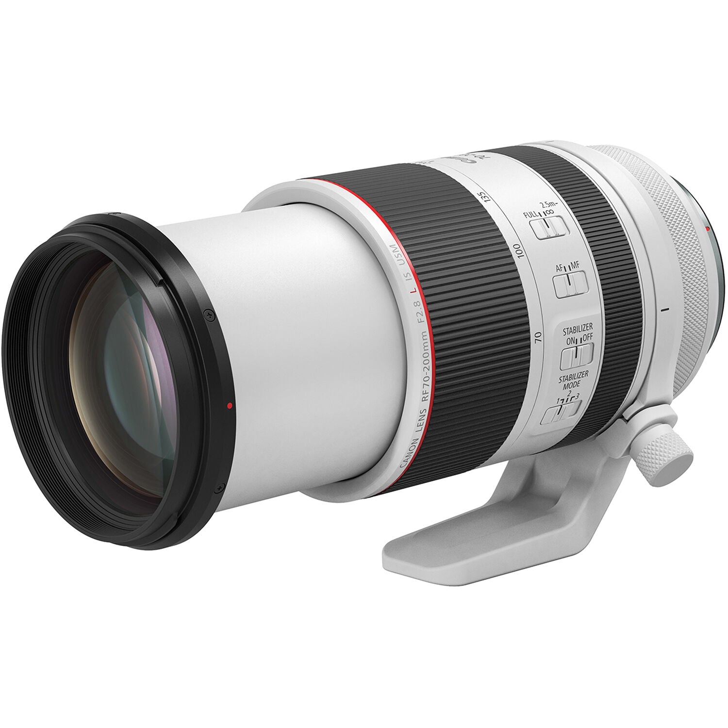 Camera lens with white body and black and red accents on a white background