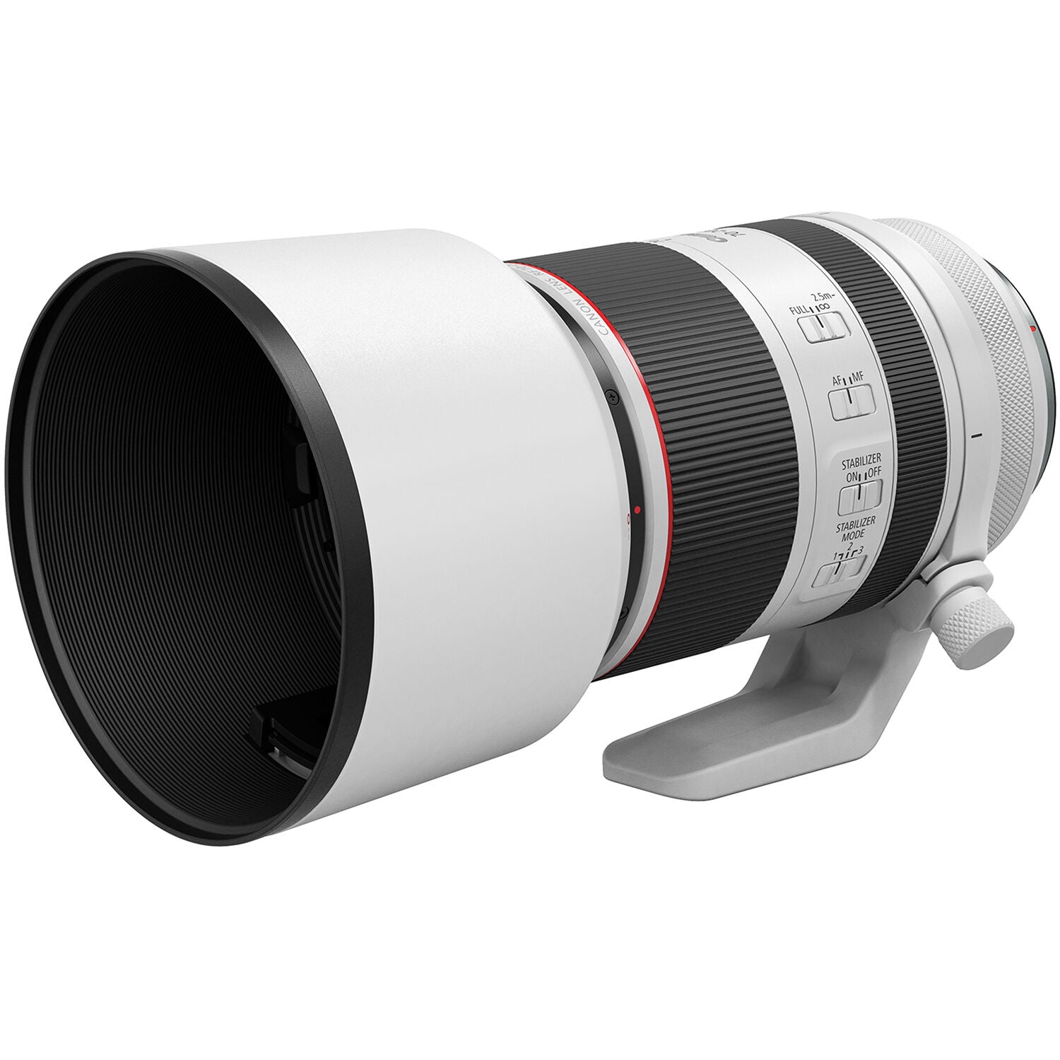 Camera lens with white body and black elements on a white background
