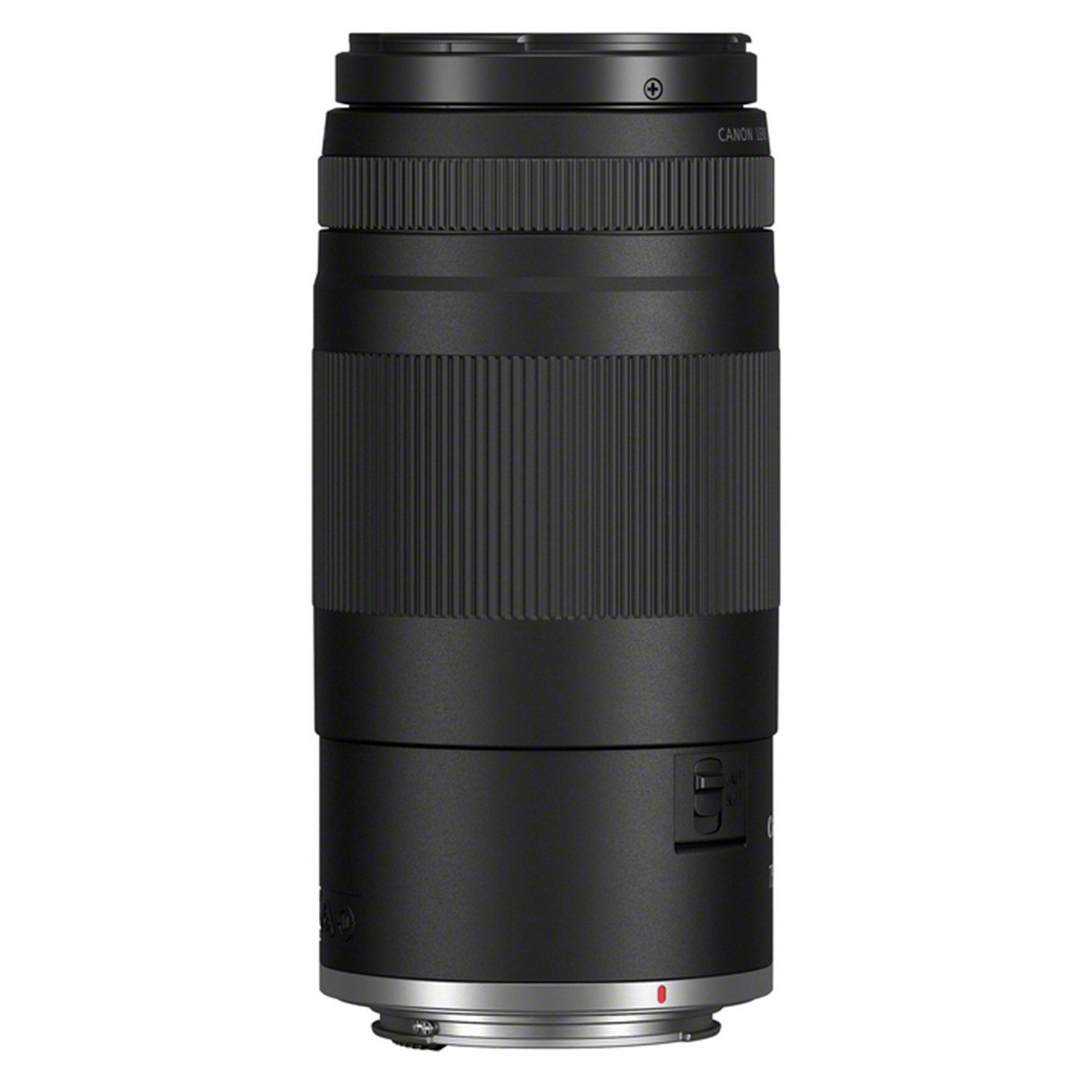 Black camera lens on a white background