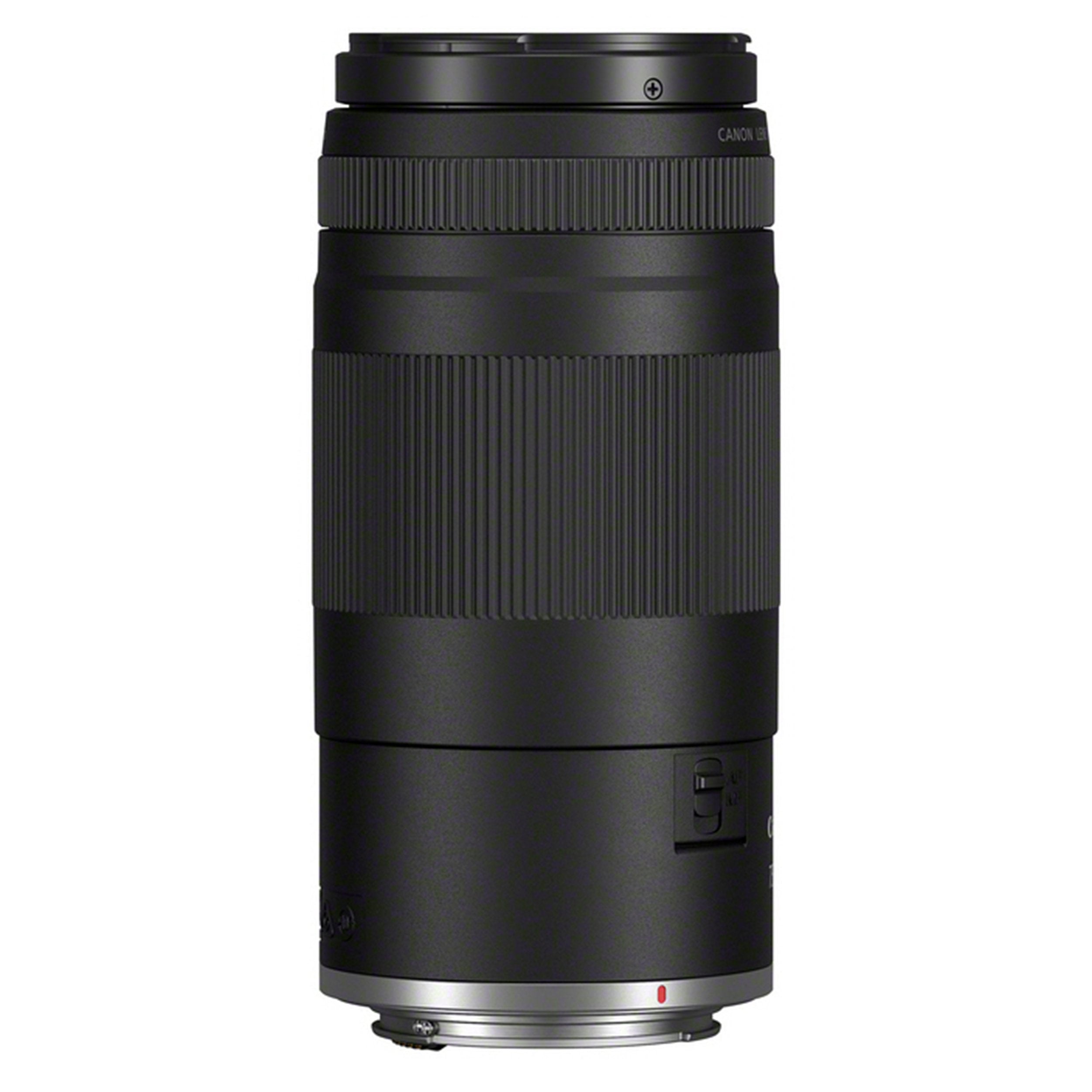 Black camera lens on a white background