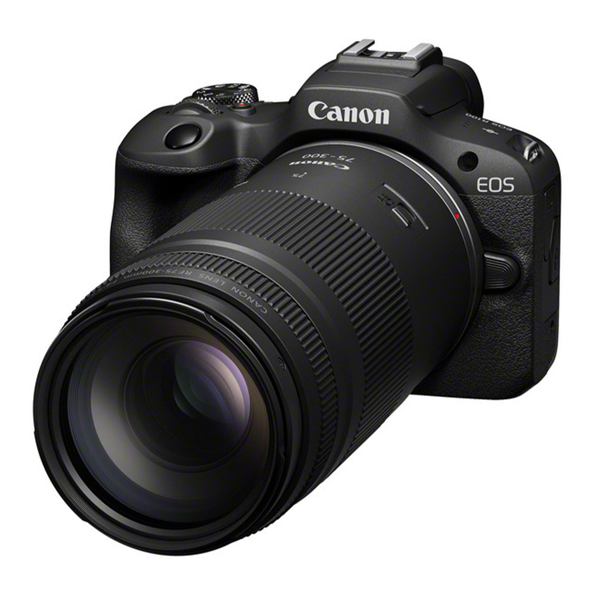 Canon EOS camera with lens on a white background