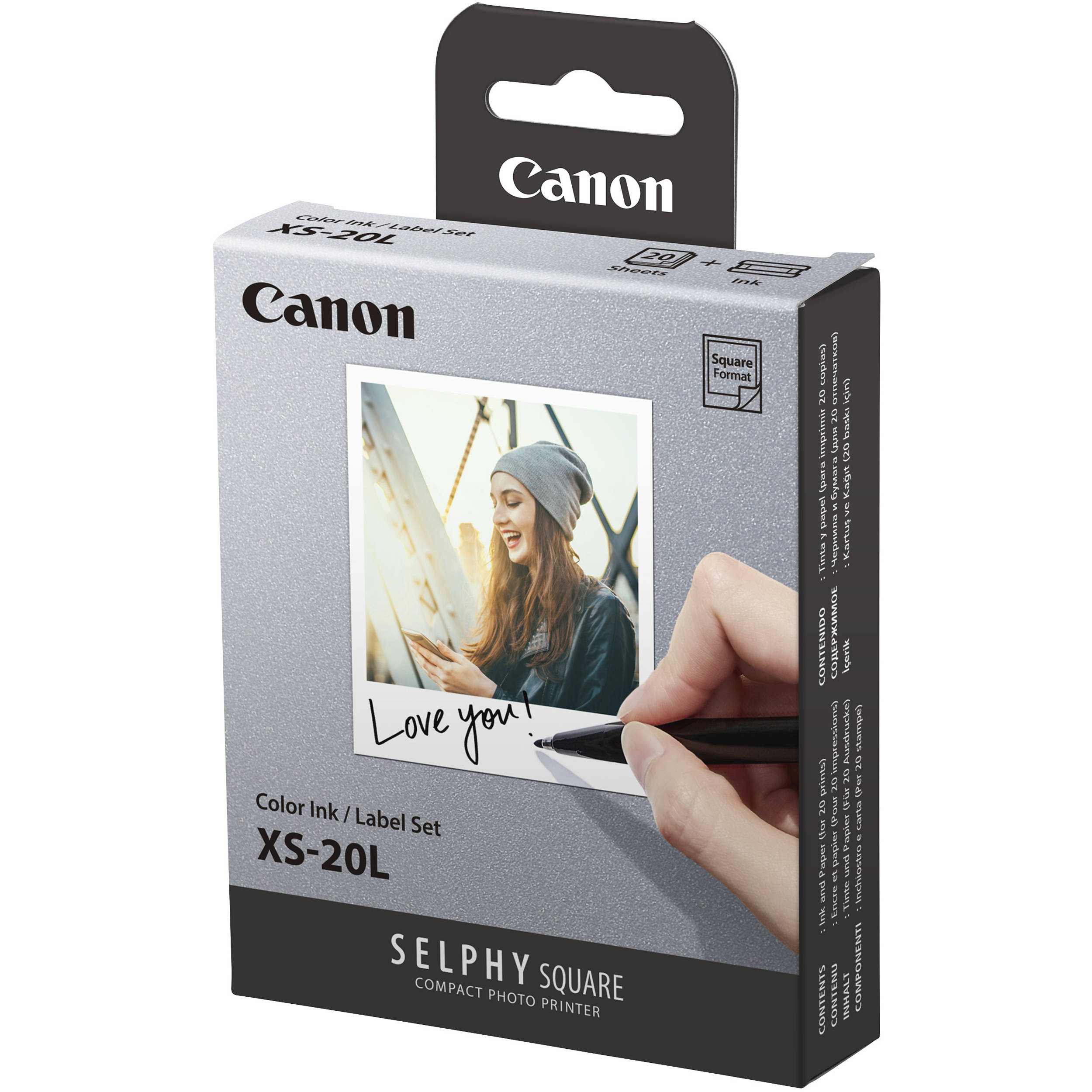 Canon Selphy Square ink and label set packaging on a white background