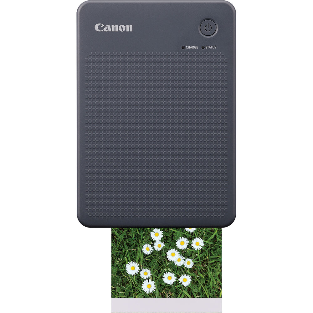 Canon Selphy Square QX20: Portable dye sublimation photo printer with 287x287 dpi resolution, supports square (72x85mm) and card-size (54x85mm) sticker paper, prints fade-resistant photos lasting up to 100 years, built-in lithium battery with approx. 40-sec print speed, Wi-Fi connectivity, USB-C charging, controlled via SELPHY Photo Layout app.
