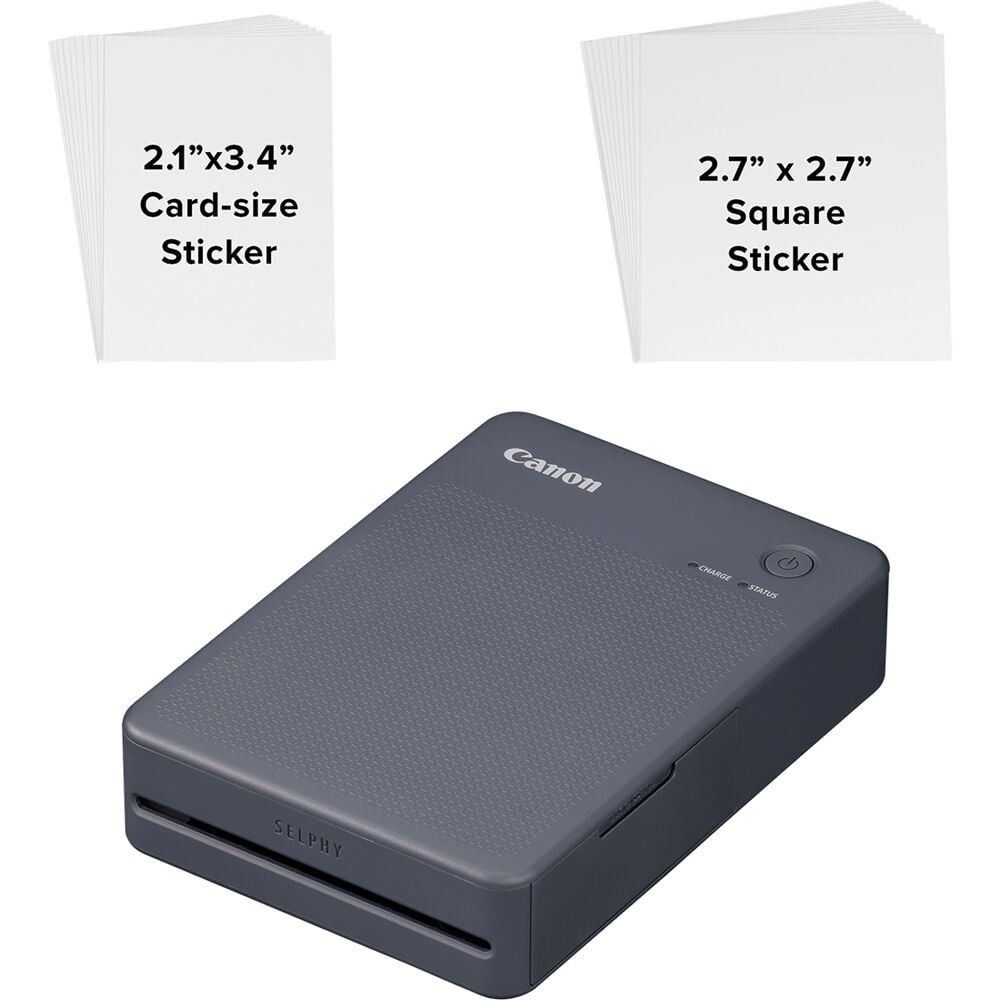 Canon Selphy Square QX20: Portable dye sublimation photo printer with 287x287 dpi resolution, supports square (72x85mm) and card-size (54x85mm) sticker paper, prints fade-resistant photos lasting up to 100 years, built-in lithium battery with approx. 40-sec print speed, Wi-Fi connectivity, USB-C charging, controlled via SELPHY Photo Layout app.