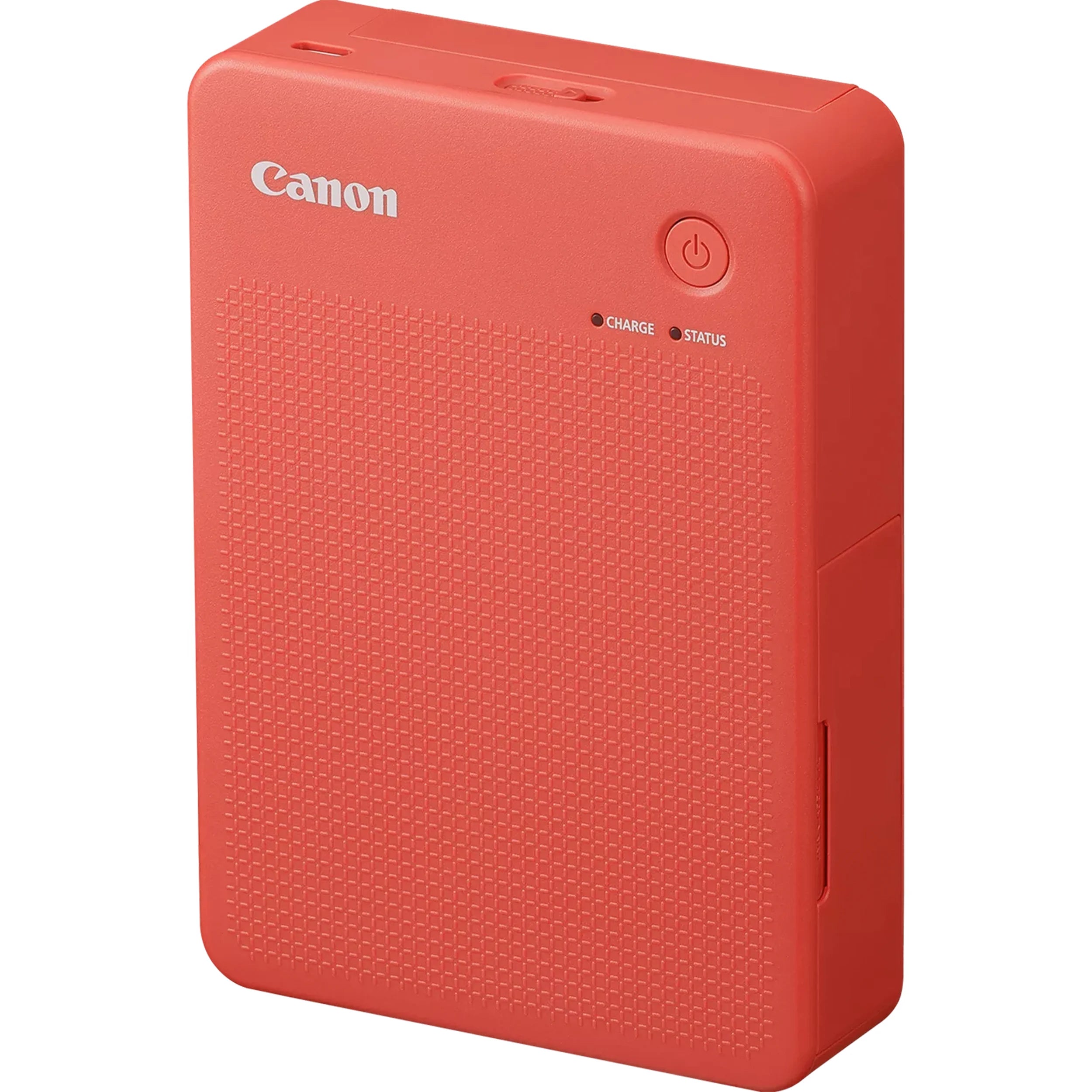 Canon SELPHY Square QX20 portable photo printer in terracotta red, compact rectangular body with integrated paper slot.