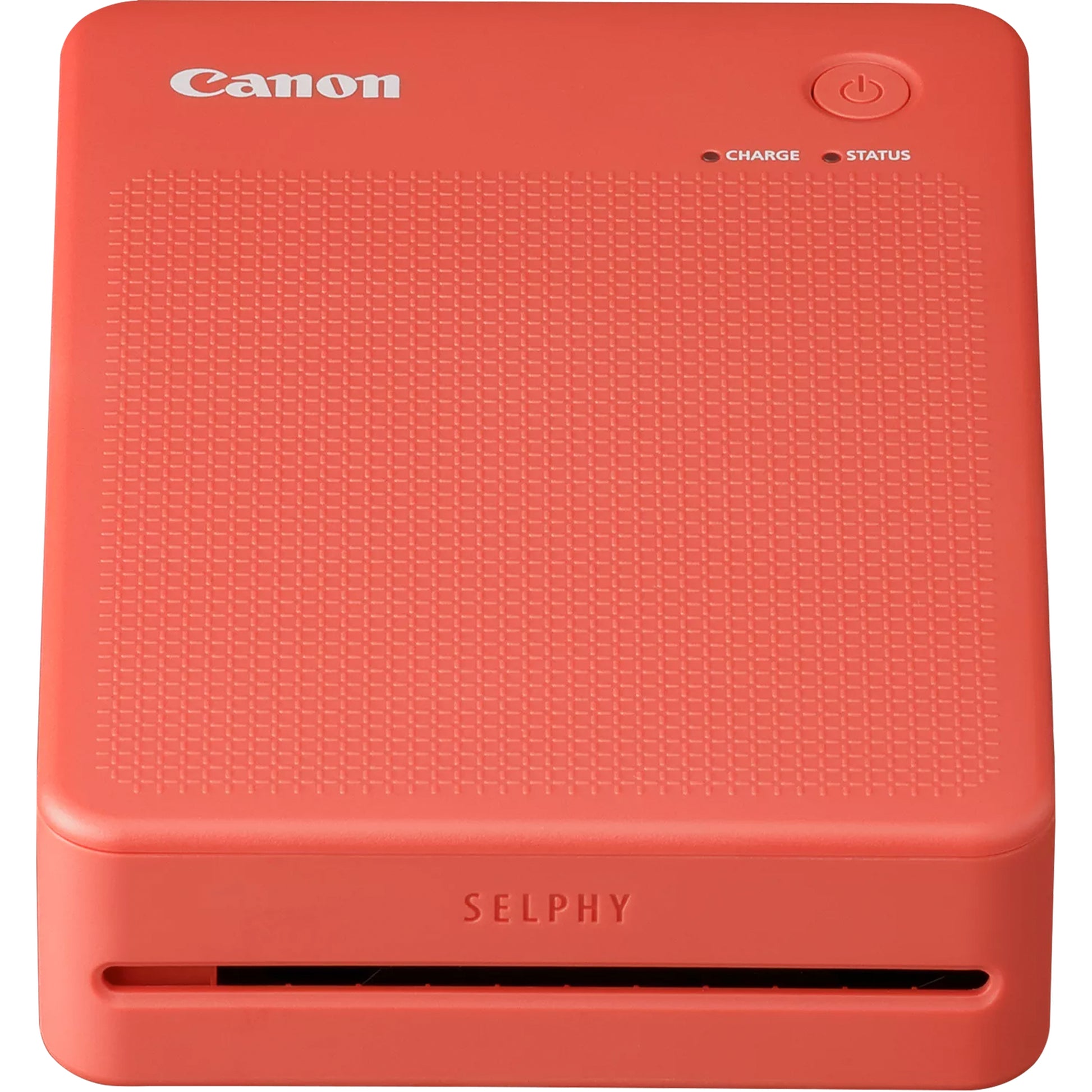Canon SELPHY Square QX20 portable photo printer in terracotta red, compact rectangular body with integrated paper slot.