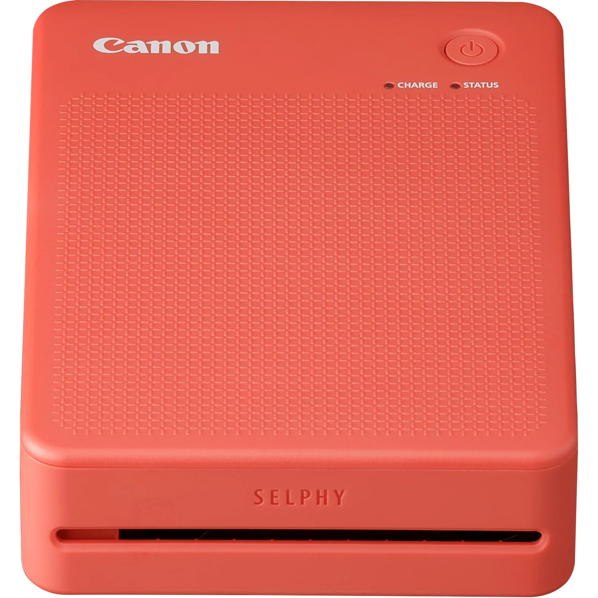 Canon SELPHY Square QX20 portable photo printer in terracotta red, compact rectangular body with integrated paper slot.