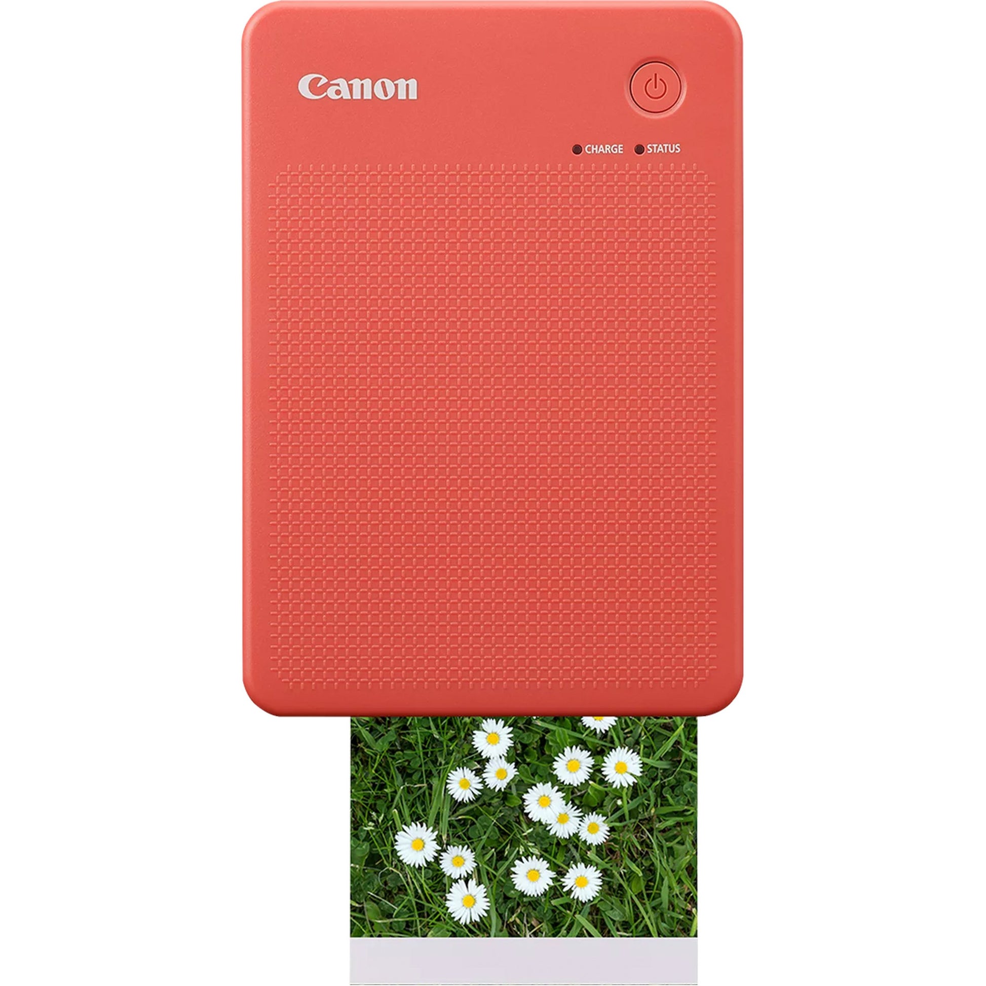 Canon SELPHY Square QX20 portable photo printer in terracotta red, compact rectangular body with integrated paper slot.