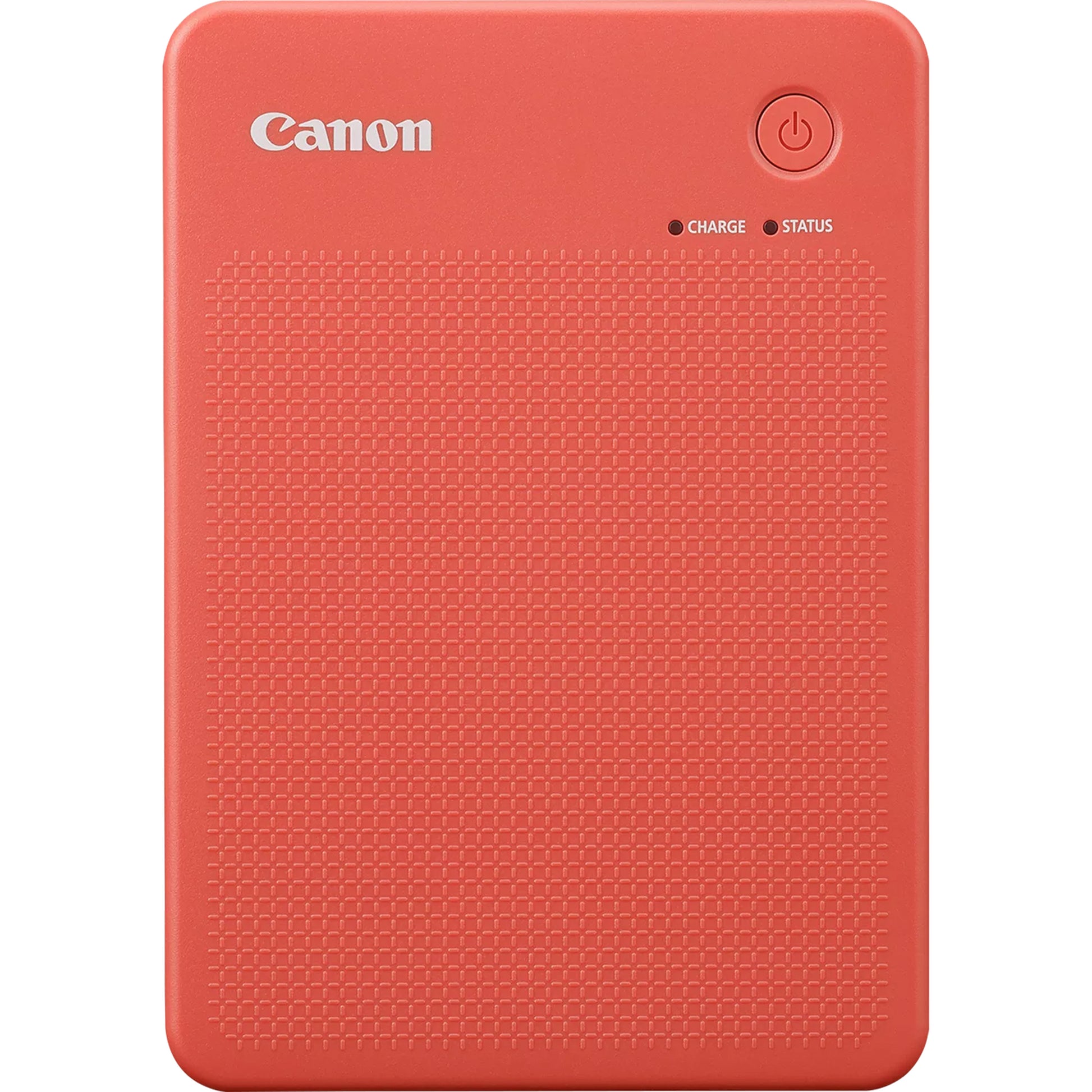Canon SELPHY Square QX20 portable photo printer in terracotta red, compact rectangular body with integrated paper slot.