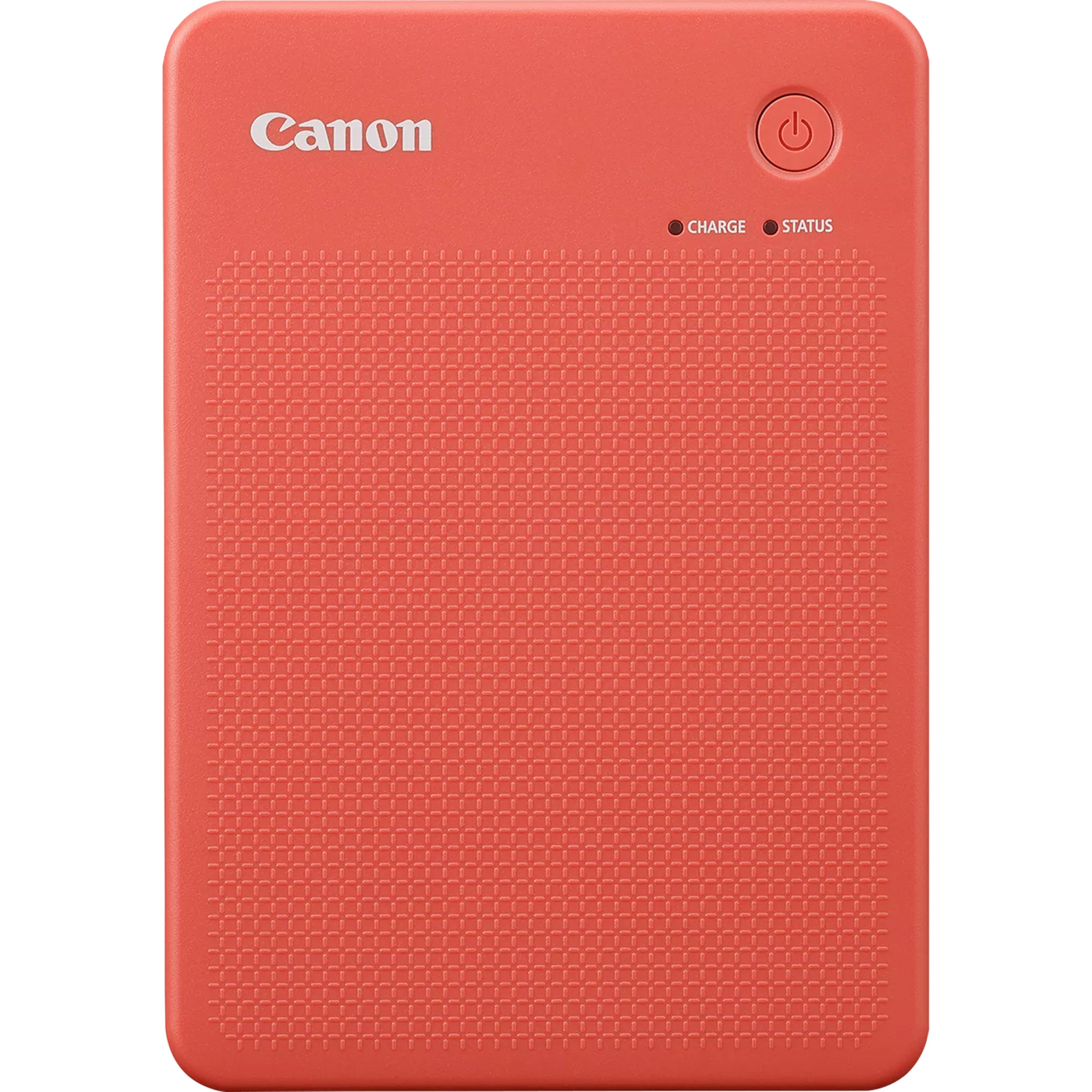 Canon SELPHY Square QX20 portable photo printer in terracotta red, compact rectangular body with integrated paper slot.