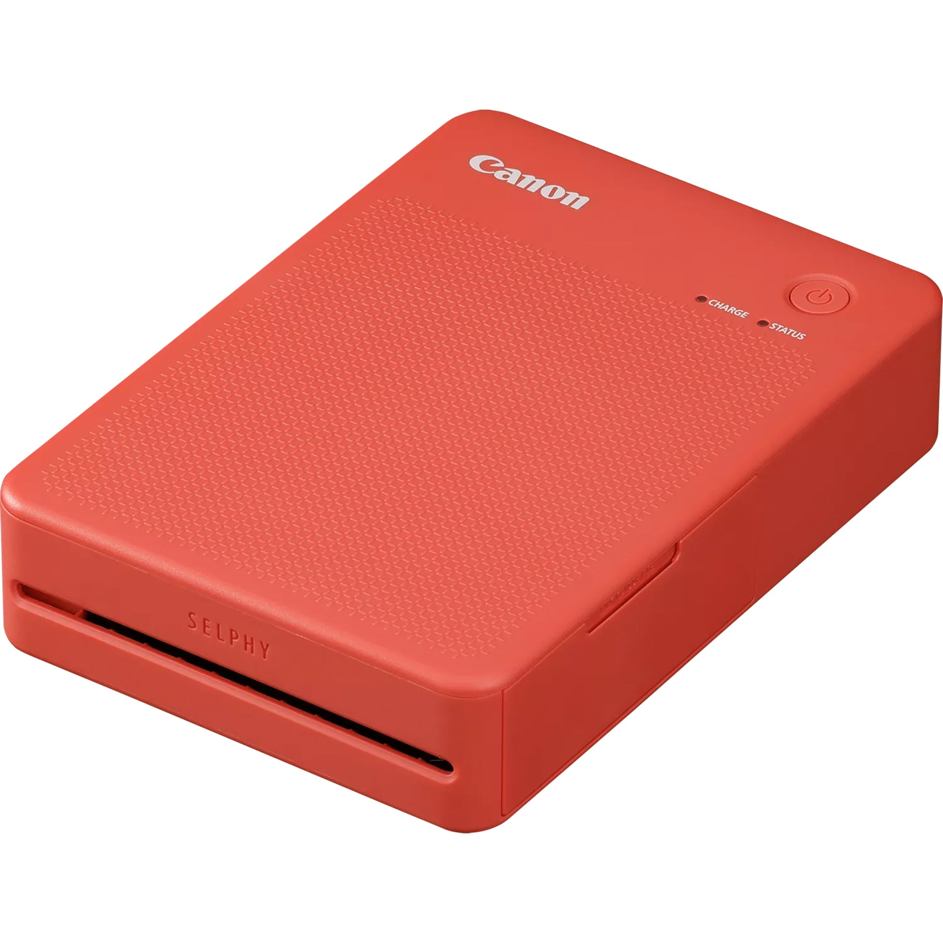 Canon SELPHY Square QX20 portable photo printer in terracotta red, compact rectangular body with integrated paper slot.