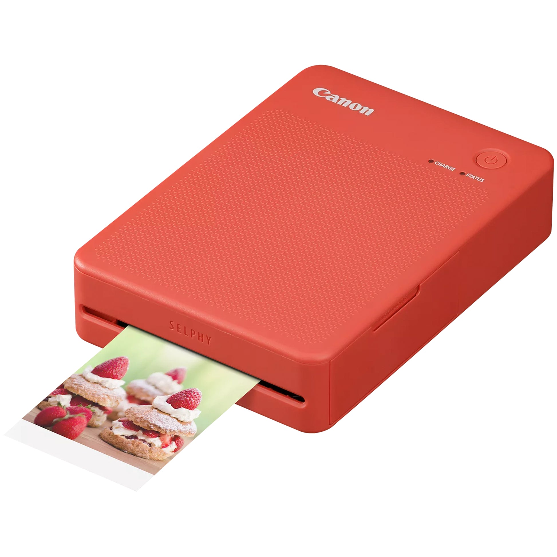 Canon SELPHY Square QX20 portable photo printer in terracotta red, compact rectangular body with integrated paper slot.