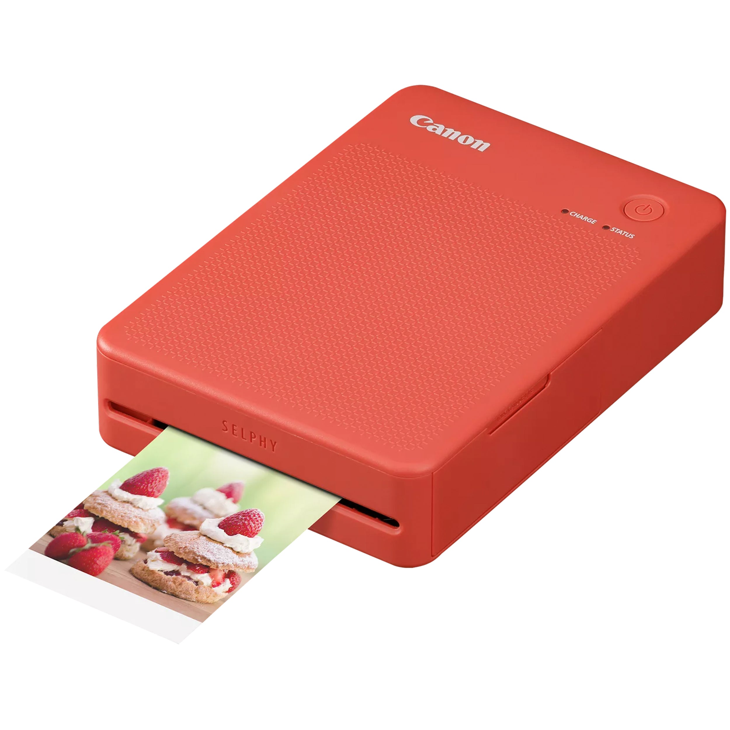 Canon SELPHY Square QX20 portable photo printer in terracotta red, compact rectangular body with integrated paper slot.
