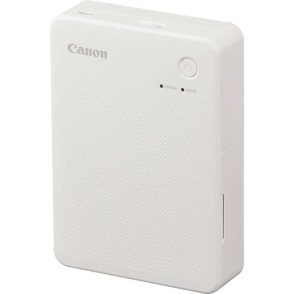 Canon SELPHY Square QX20 portable photo printer in white – compact rectangular device with USB-C port and photo output slot.