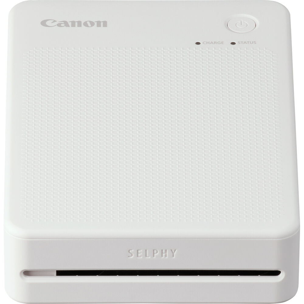 Canon SELPHY Square QX20 portable photo printer in white – compact rectangular device with USB-C port and photo output slot.