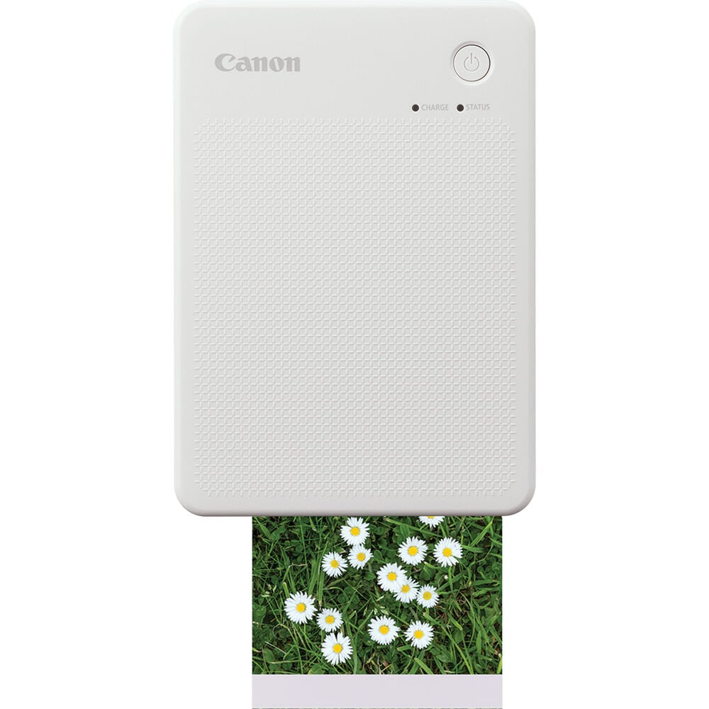 Canon SELPHY Square QX20 portable photo printer in white – compact rectangular device with USB-C port and photo output slot.