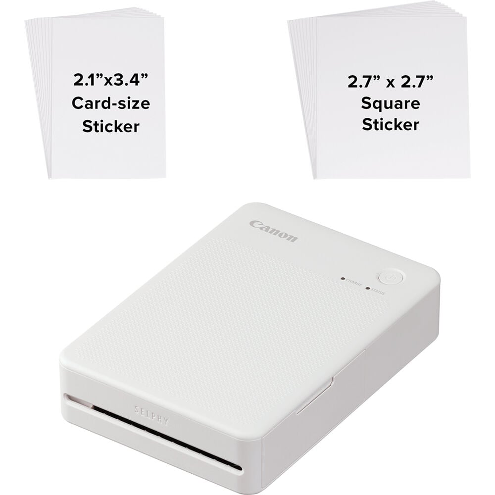 Canon SELPHY Square QX20 portable photo printer in white – compact rectangular device with USB-C port and photo output slot.