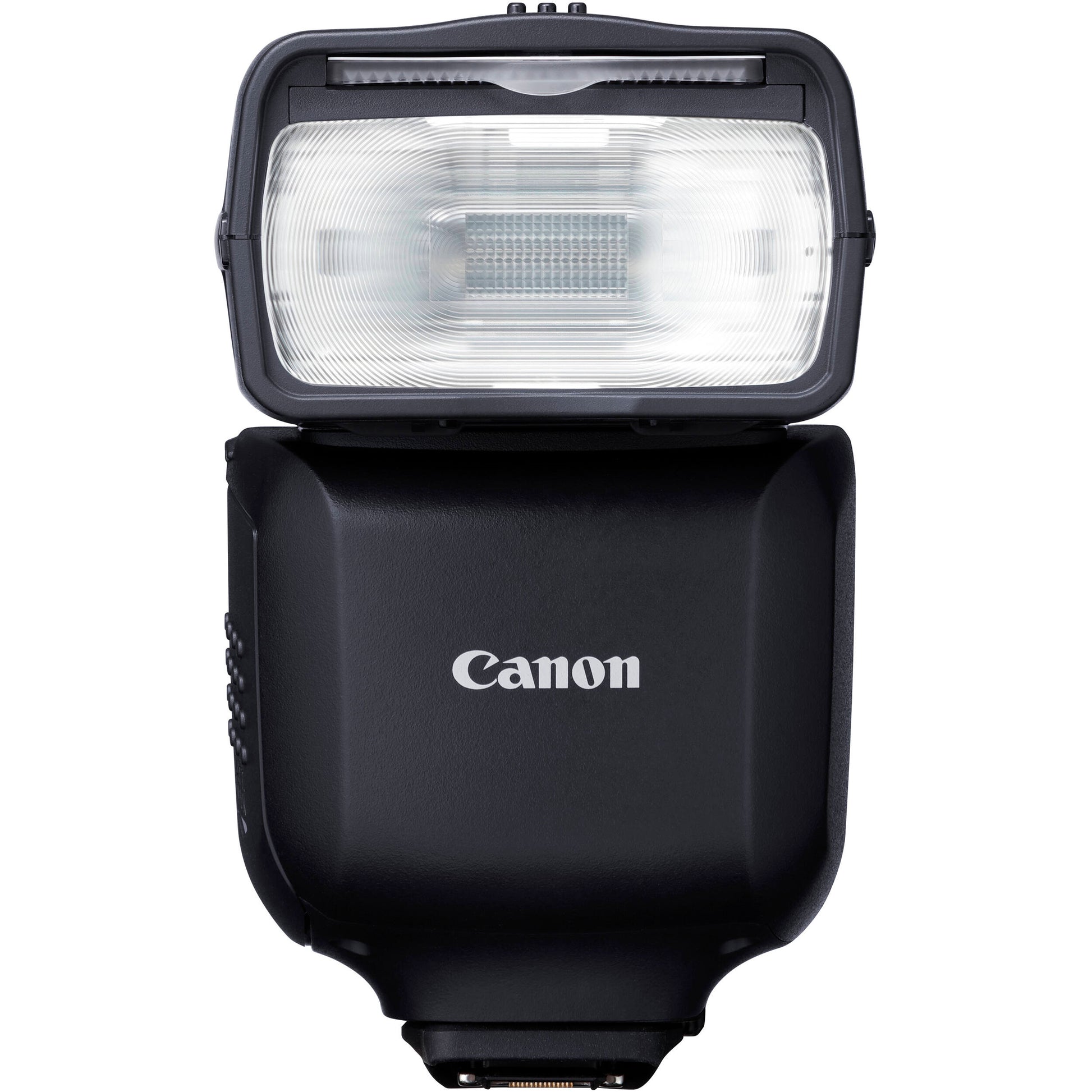 Canon Speedlite EL-10 on camera hot shoe — compact black flash unit with zooming flash head and built-in bounce diffuser card.