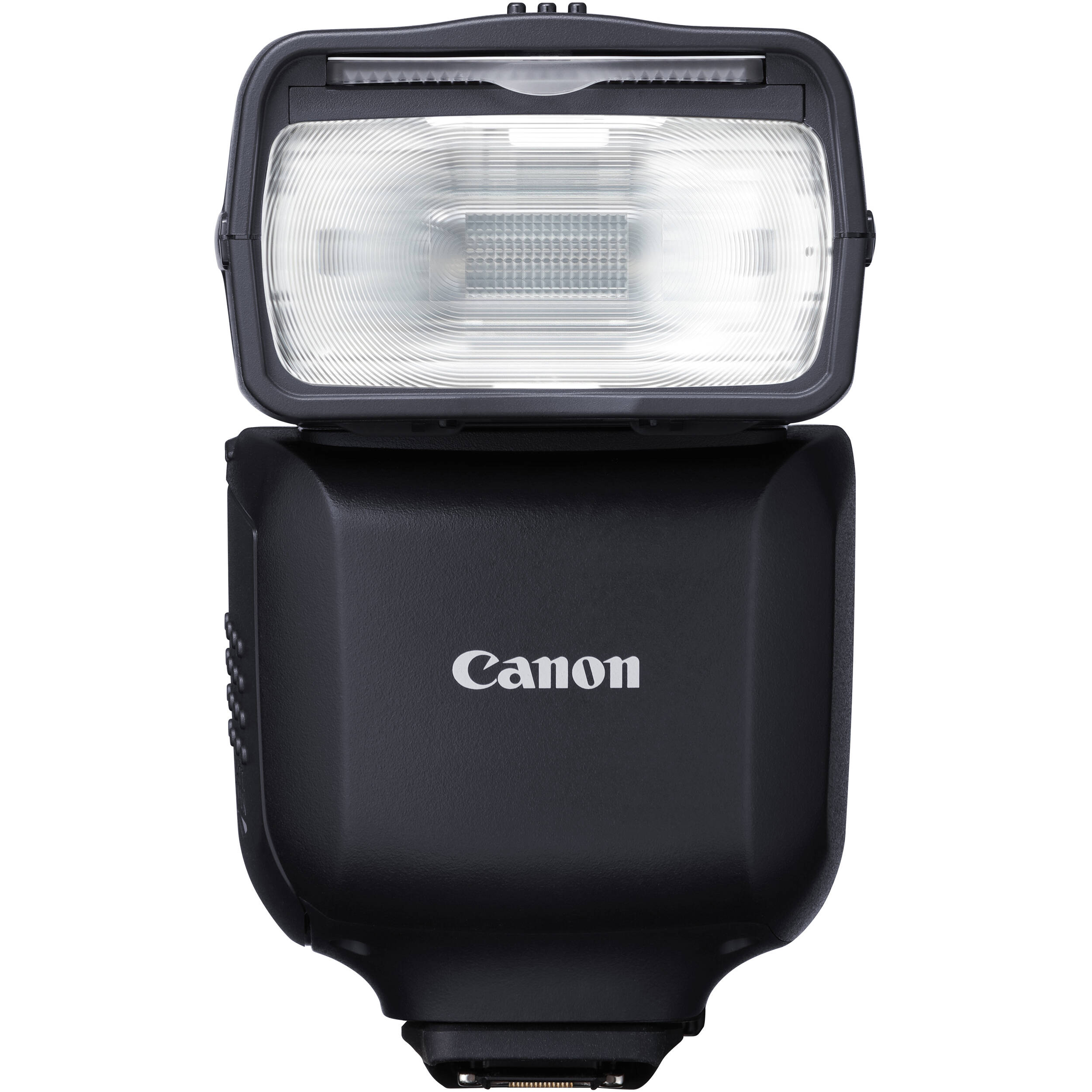 Canon Speedlite EL-10 on camera hot shoe — compact black flash unit with zooming flash head and built-in bounce diffuser card.