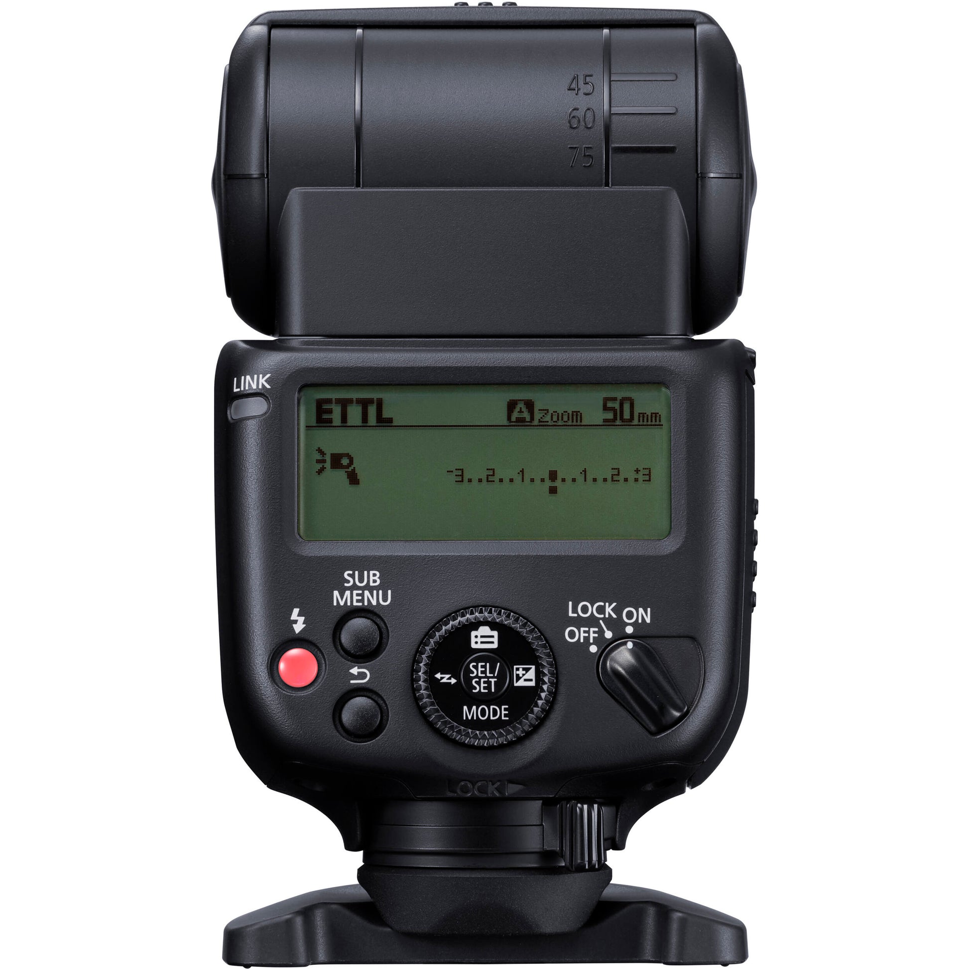 Canon Speedlite EL-10 on camera hot shoe — compact black flash unit with zooming flash head and built-in bounce diffuser card.