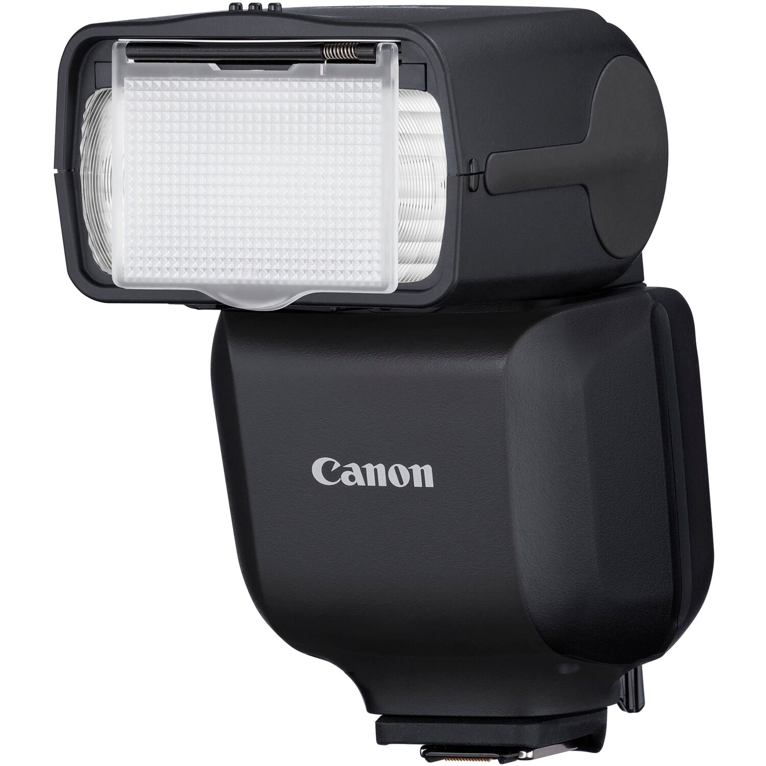 Canon Speedlite EL-10 on camera hot shoe — compact black flash unit with zooming flash head and built-in bounce diffuser card.