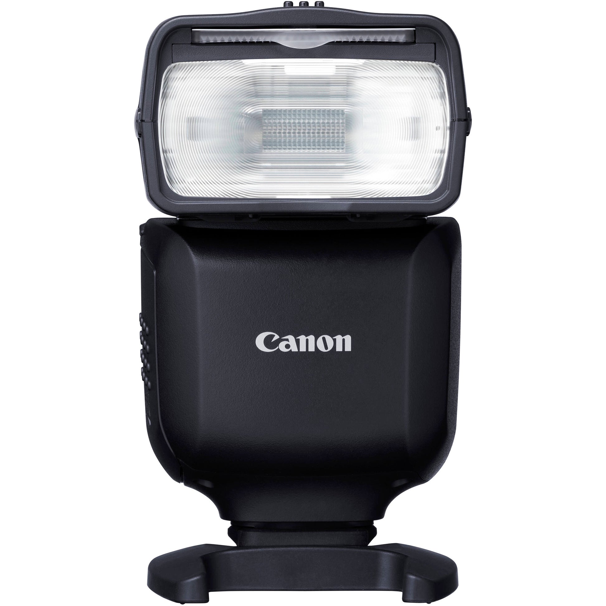 Canon Speedlite EL-10 on camera hot shoe — compact black flash unit with zooming flash head and built-in bounce diffuser card.