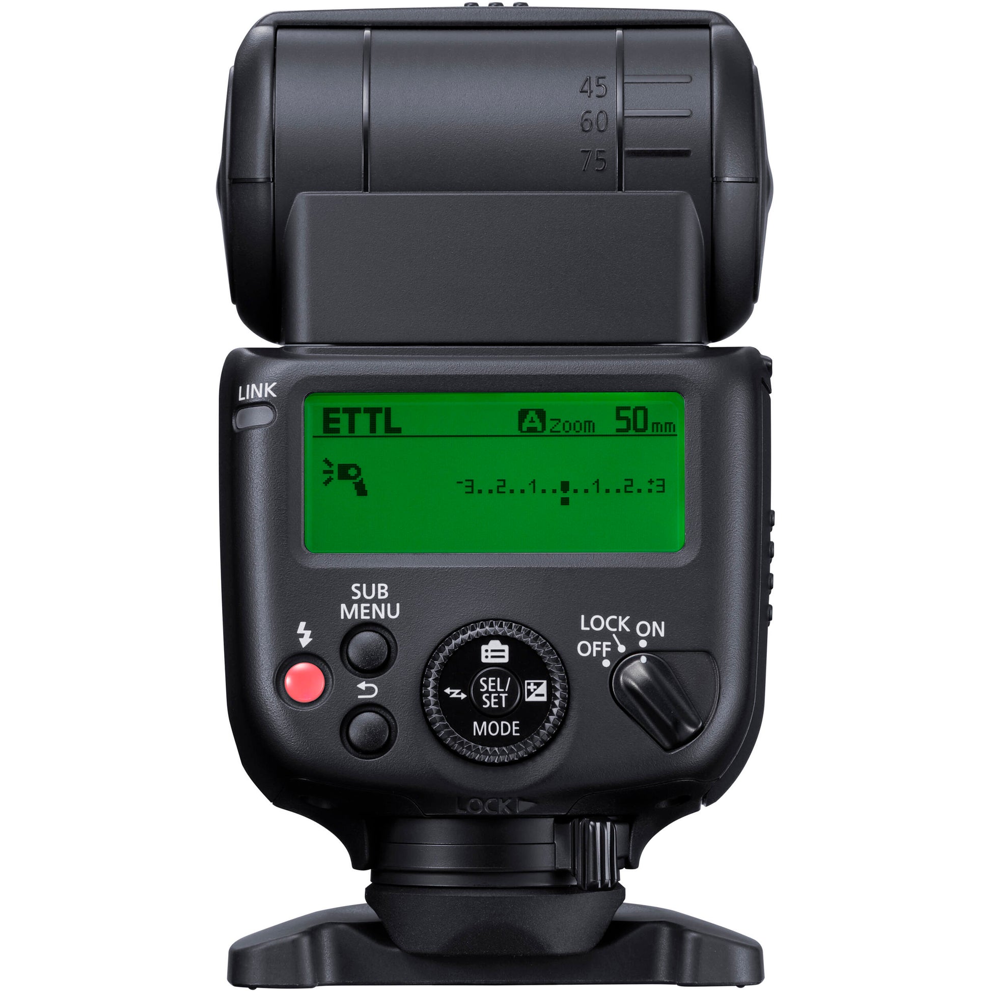 Canon Speedlite EL-10 on camera hot shoe — compact black flash unit with zooming flash head and built-in bounce diffuser card.