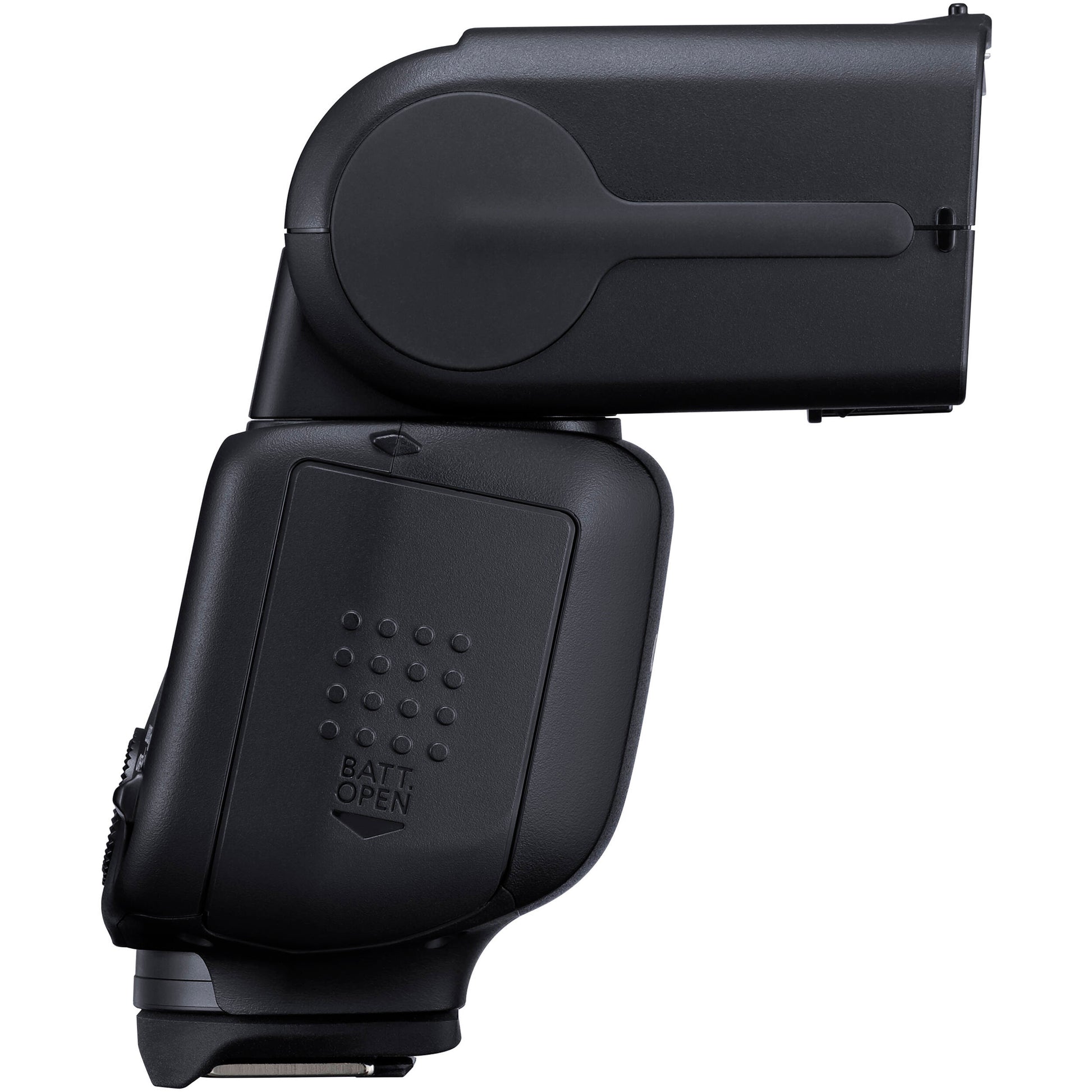 Canon Speedlite EL-10 on camera hot shoe — compact black flash unit with zooming flash head and built-in bounce diffuser card.