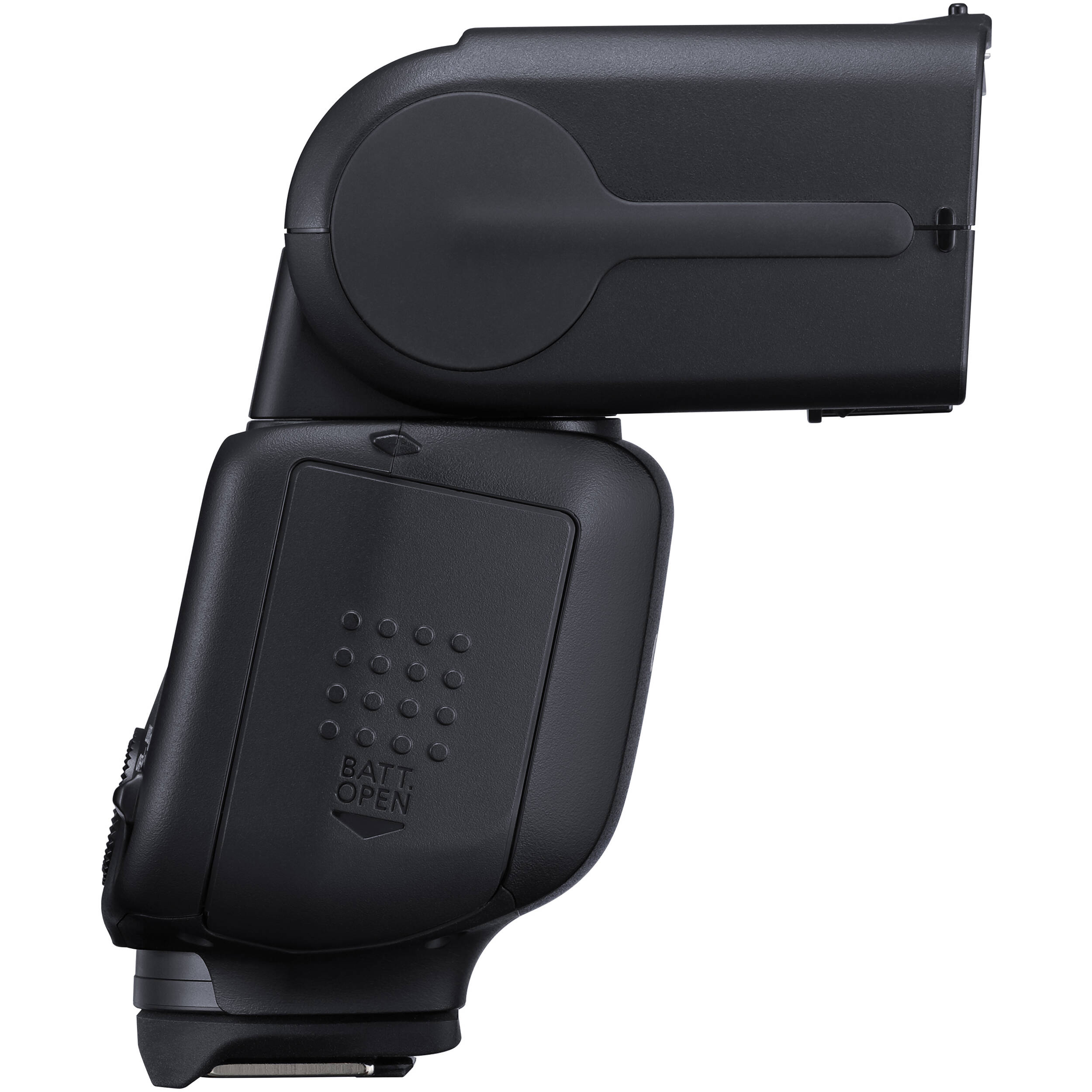 Canon Speedlite EL-10 on camera hot shoe — compact black flash unit with zooming flash head and built-in bounce diffuser card.
