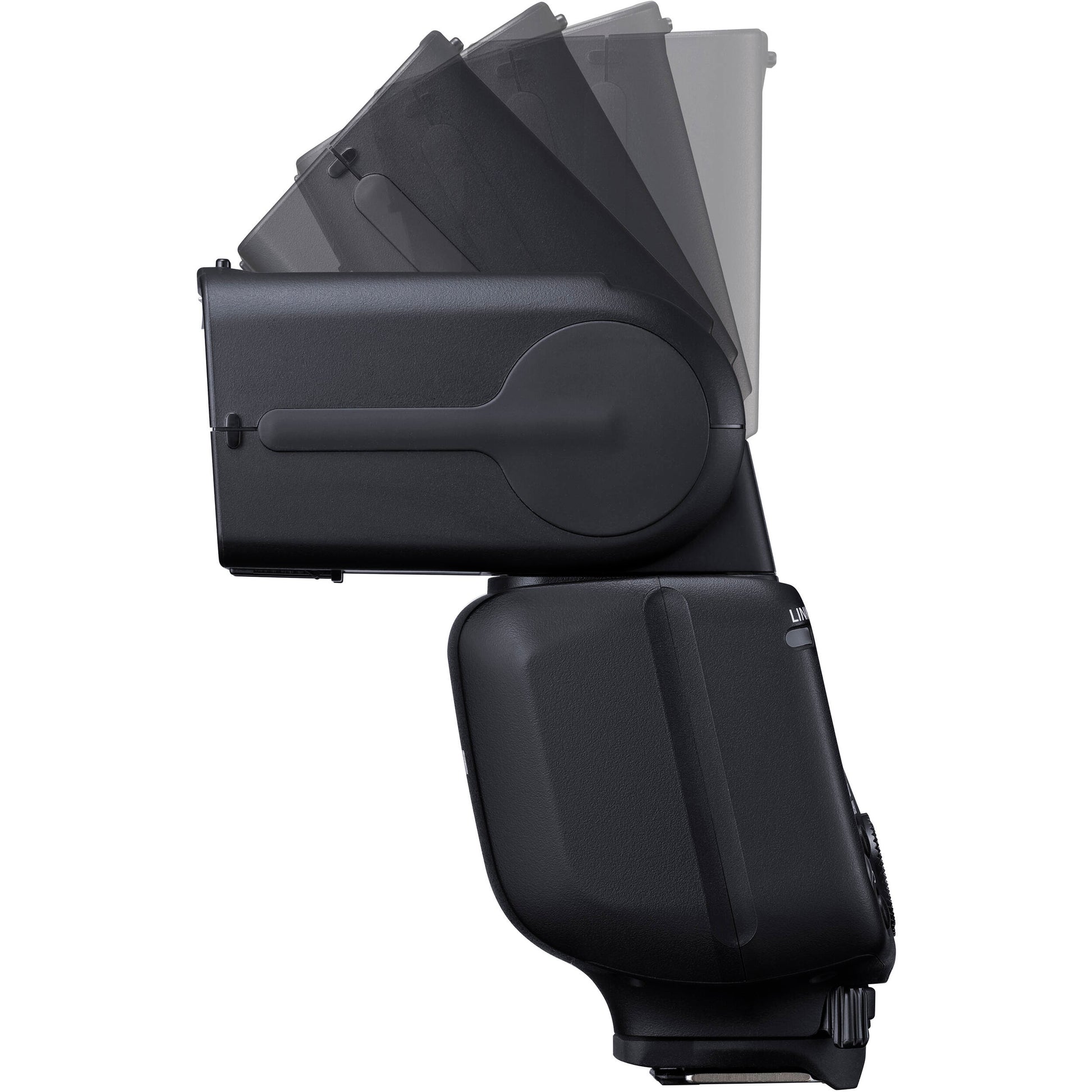 Canon Speedlite EL-10 on camera hot shoe — compact black flash unit with zooming flash head and built-in bounce diffuser card.