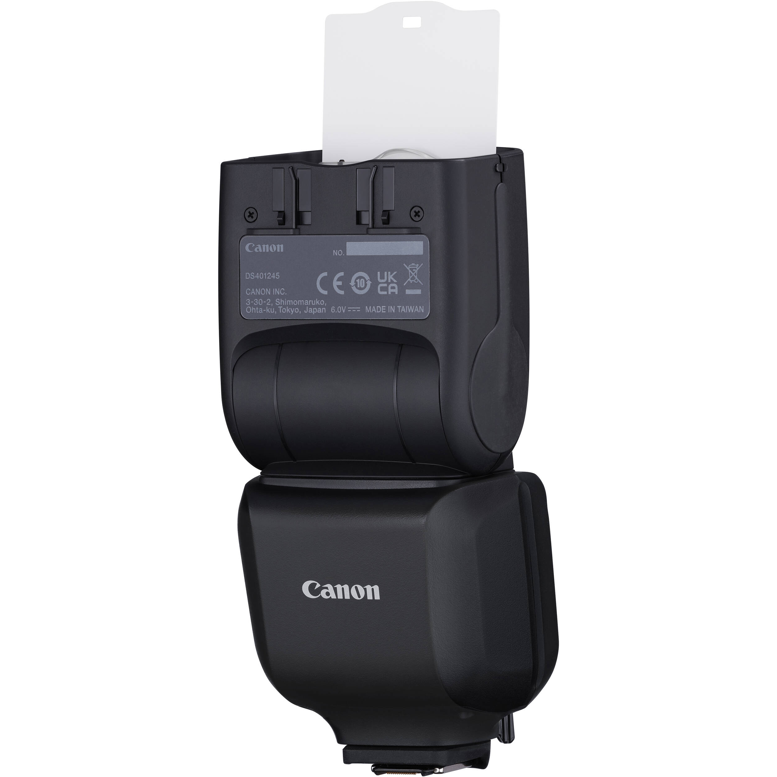 Canon Speedlite EL-10 on camera hot shoe — compact black flash unit with zooming flash head and built-in bounce diffuser card.