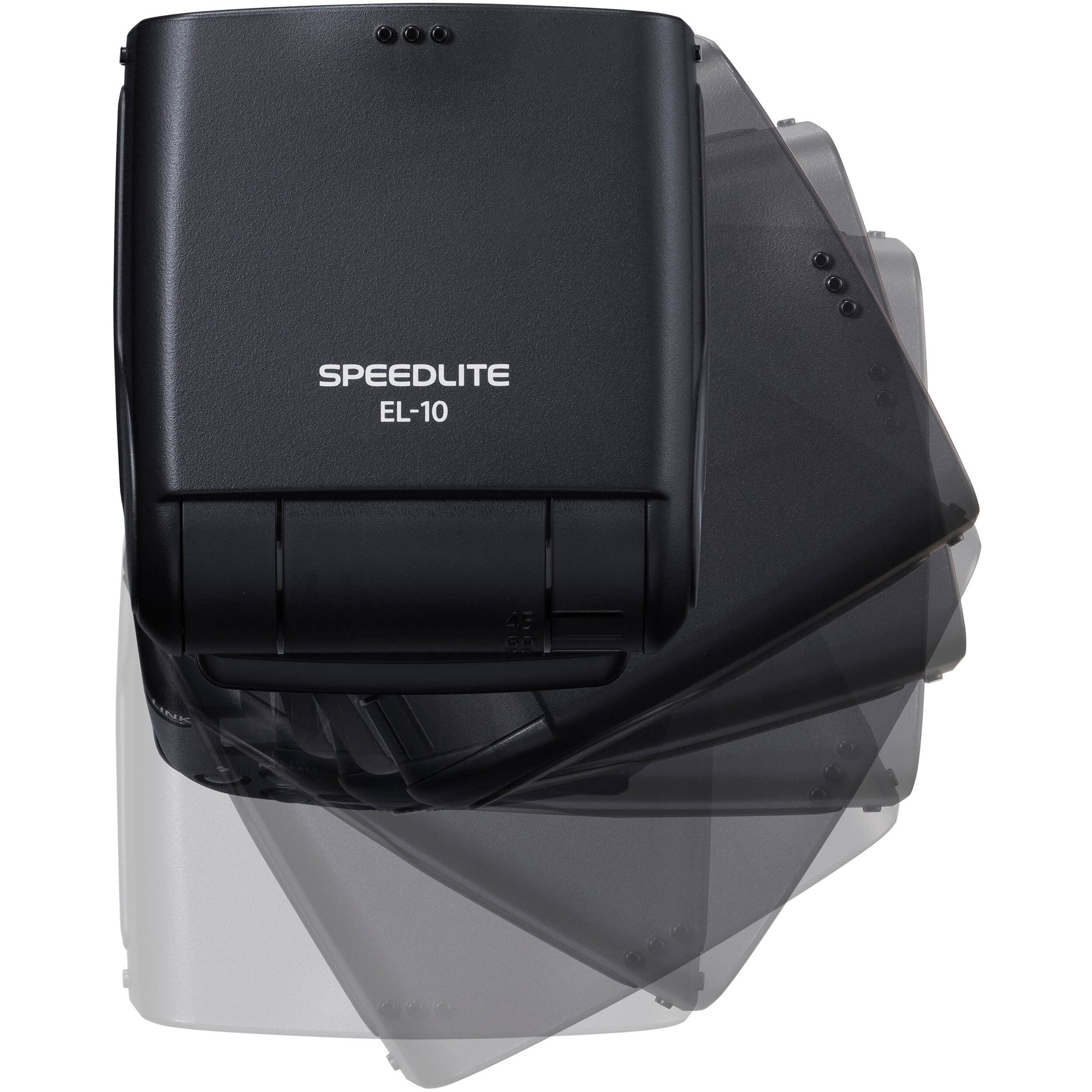 Canon Speedlite EL-10 on camera hot shoe — compact black flash unit with zooming flash head and built-in bounce diffuser card.