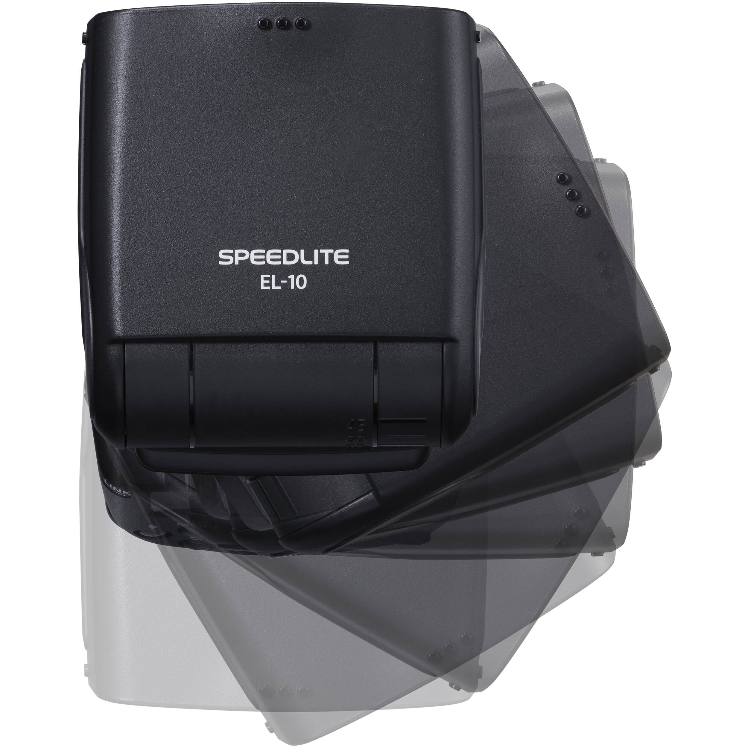 Canon Speedlite EL-10 on camera hot shoe — compact black flash unit with zooming flash head and built-in bounce diffuser card.