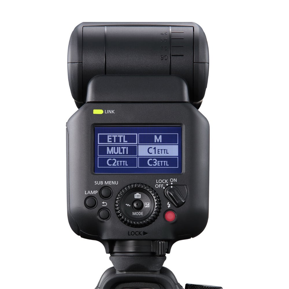 Camera flash with digital display on a white background