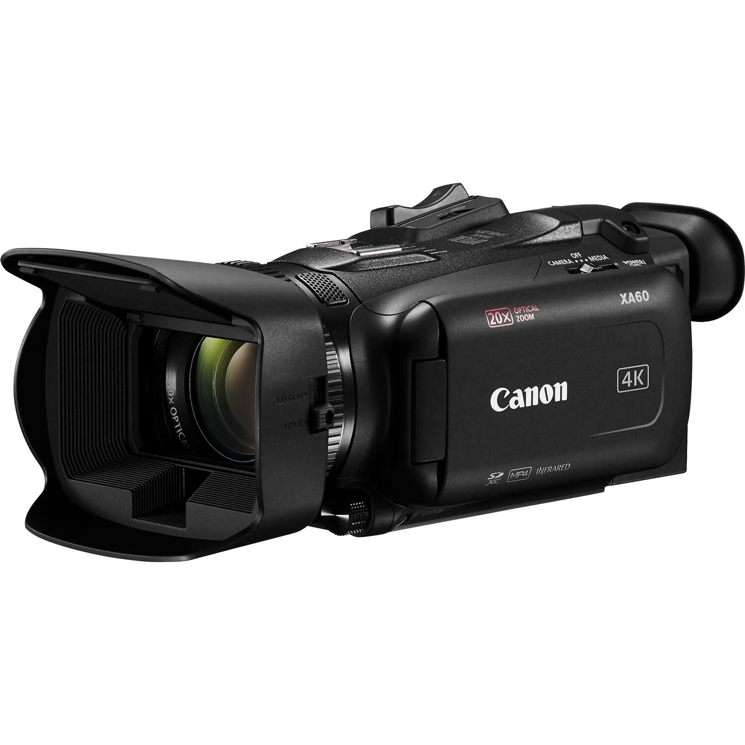 Canon XA60B Professional 4K Camcorder: Compact 1/2.3" CMOS sensor with DIGIC DV6 processor, 4K UHD video at 25p, 20x optical zoom (29.3-601mm), 5-axis image stabilization, 3.5" touchscreen LCD, infrared mode, dual SD card slots, 4-channel audio, USB-C UVC livestreaming, and HDMI output.