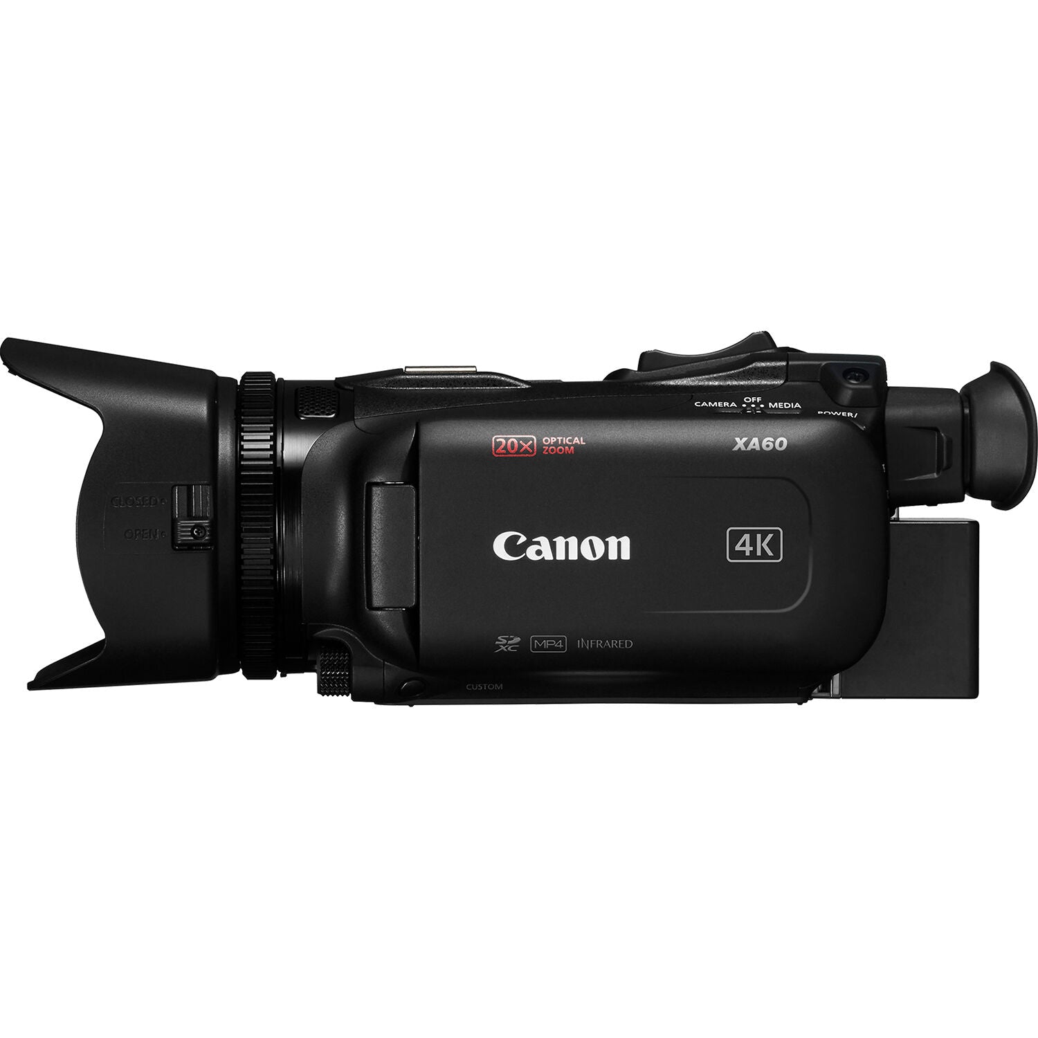 Canon XA60B Professional 4K Camcorder: Compact 1/2.3" CMOS sensor with DIGIC DV6 processor, 4K UHD video at 25p, 20x optical zoom (29.3-601mm), 5-axis image stabilization, 3.5" touchscreen LCD, infrared mode, dual SD card slots, 4-channel audio, USB-C UVC livestreaming, and HDMI output.