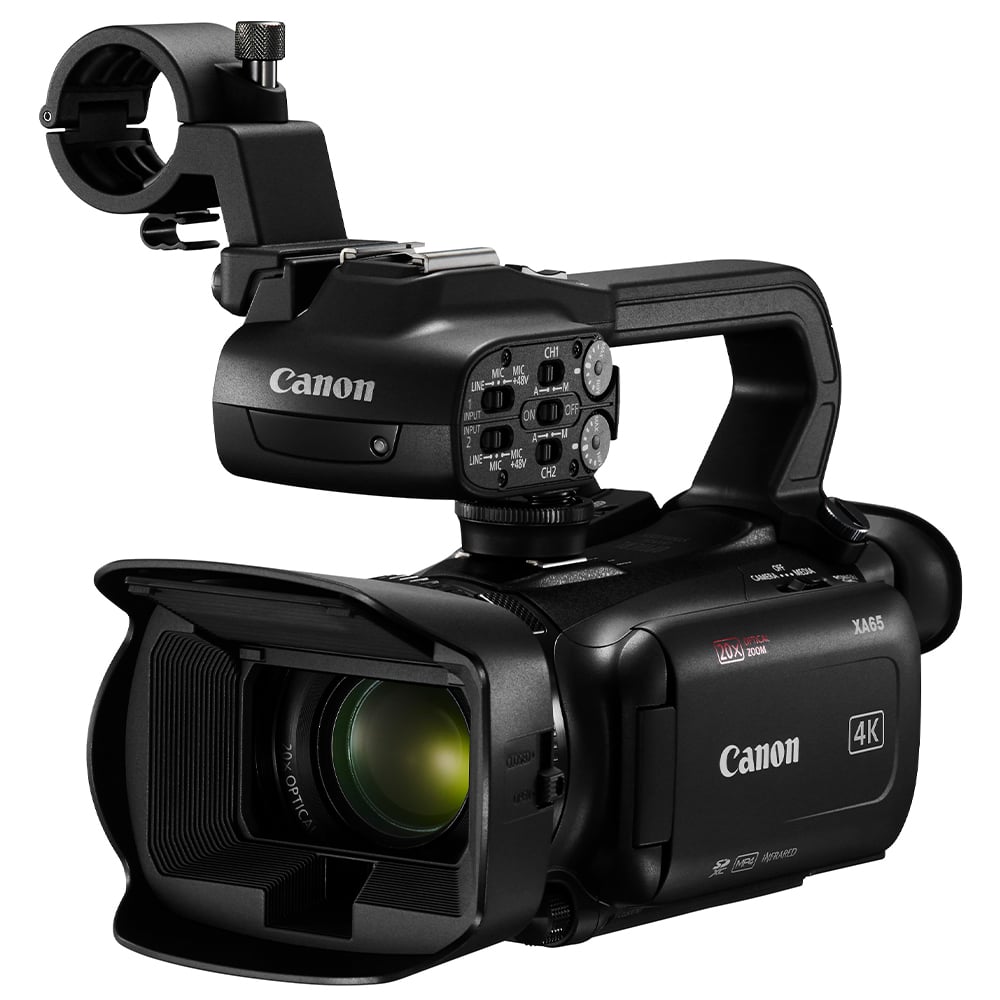 Canon XA65 Professional 4K Camcorder – compact handheld video camera with UHD 4K recording, dual XLR audio inputs, and 20x optical zoom lens.