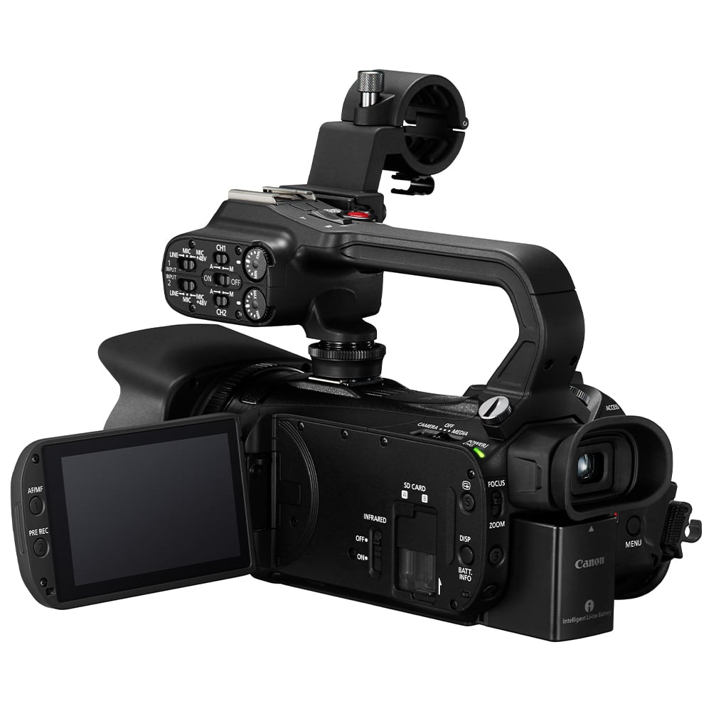 Canon XA65 Professional 4K Camcorder – compact handheld video camera with UHD 4K recording, dual XLR audio inputs, and 20x optical zoom lens.