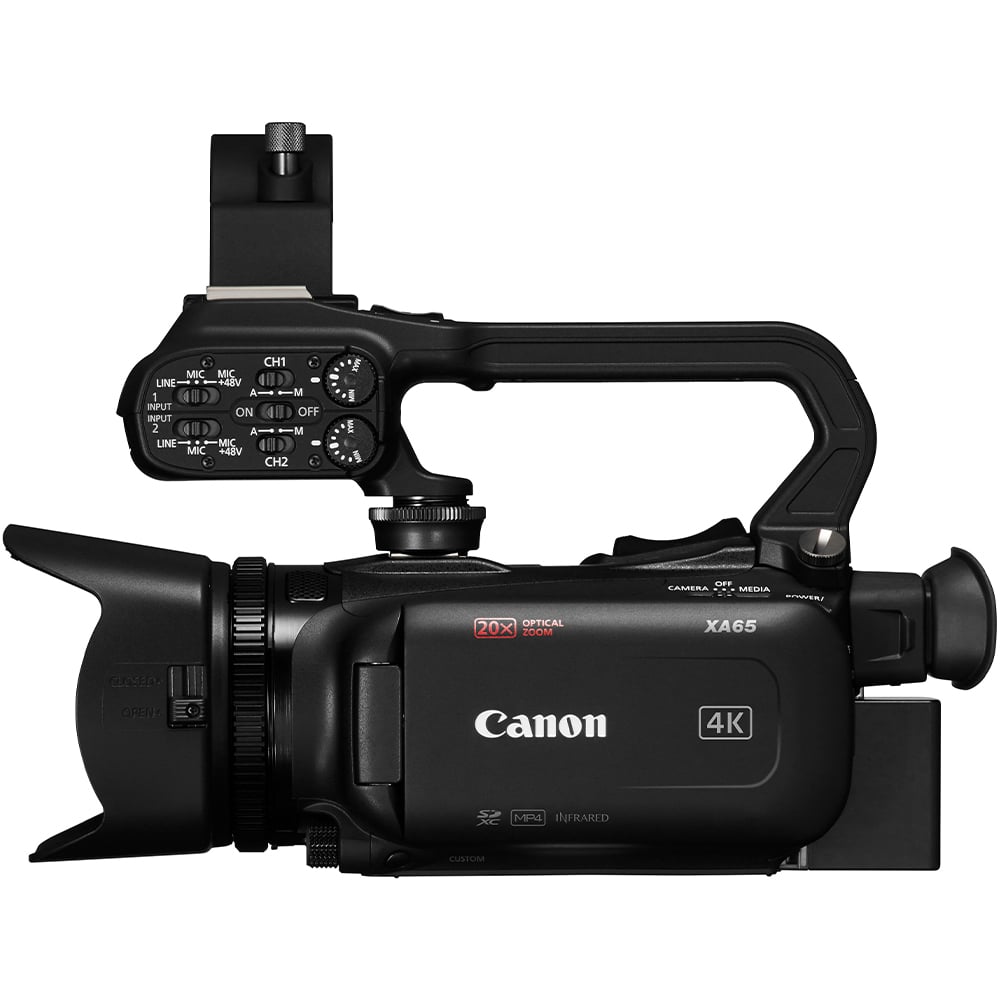 Canon XA65 Professional 4K Camcorder – compact handheld video camera with UHD 4K recording, dual XLR audio inputs, and 20x optical zoom lens.