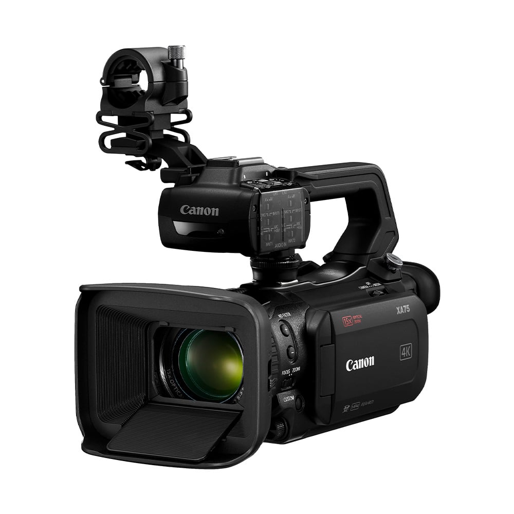 Canon XA75 Professional 4K Camcorder – advanced handheld camcorder with 1-inch sensor, UHD 4K recording, 15x optical zoom, and dual XLR audio inputs.