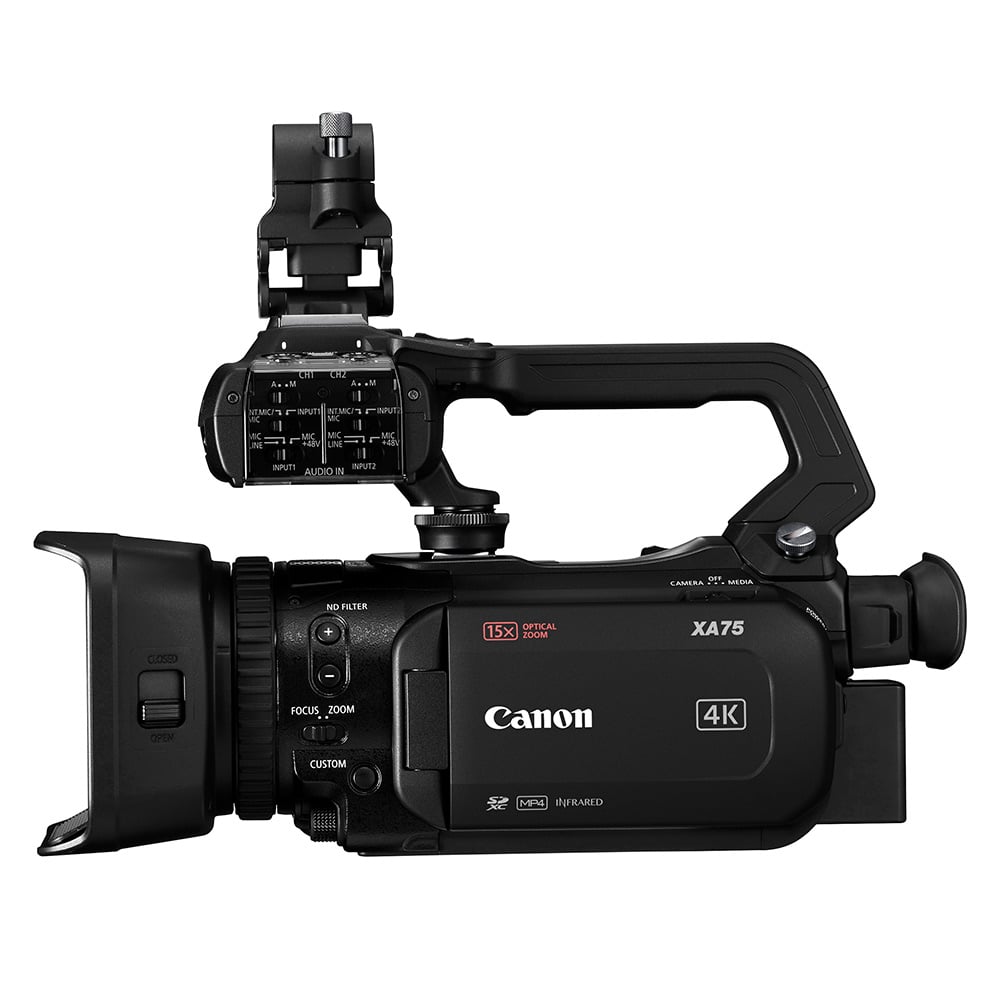 Canon XA75 Professional 4K Camcorder – advanced handheld camcorder with 1-inch sensor, UHD 4K recording, 15x optical zoom, and dual XLR audio inputs.