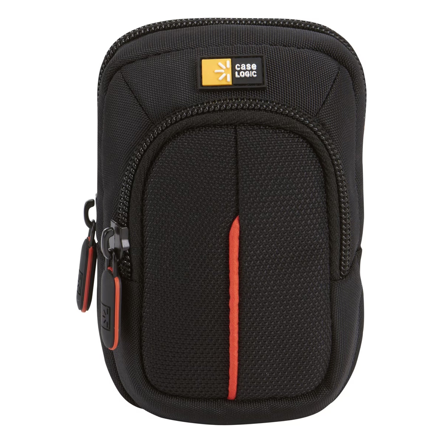Compact digital camera case with vibrant accents, zippered pocket, and detachable lanyard, designed for travel and everyday use.